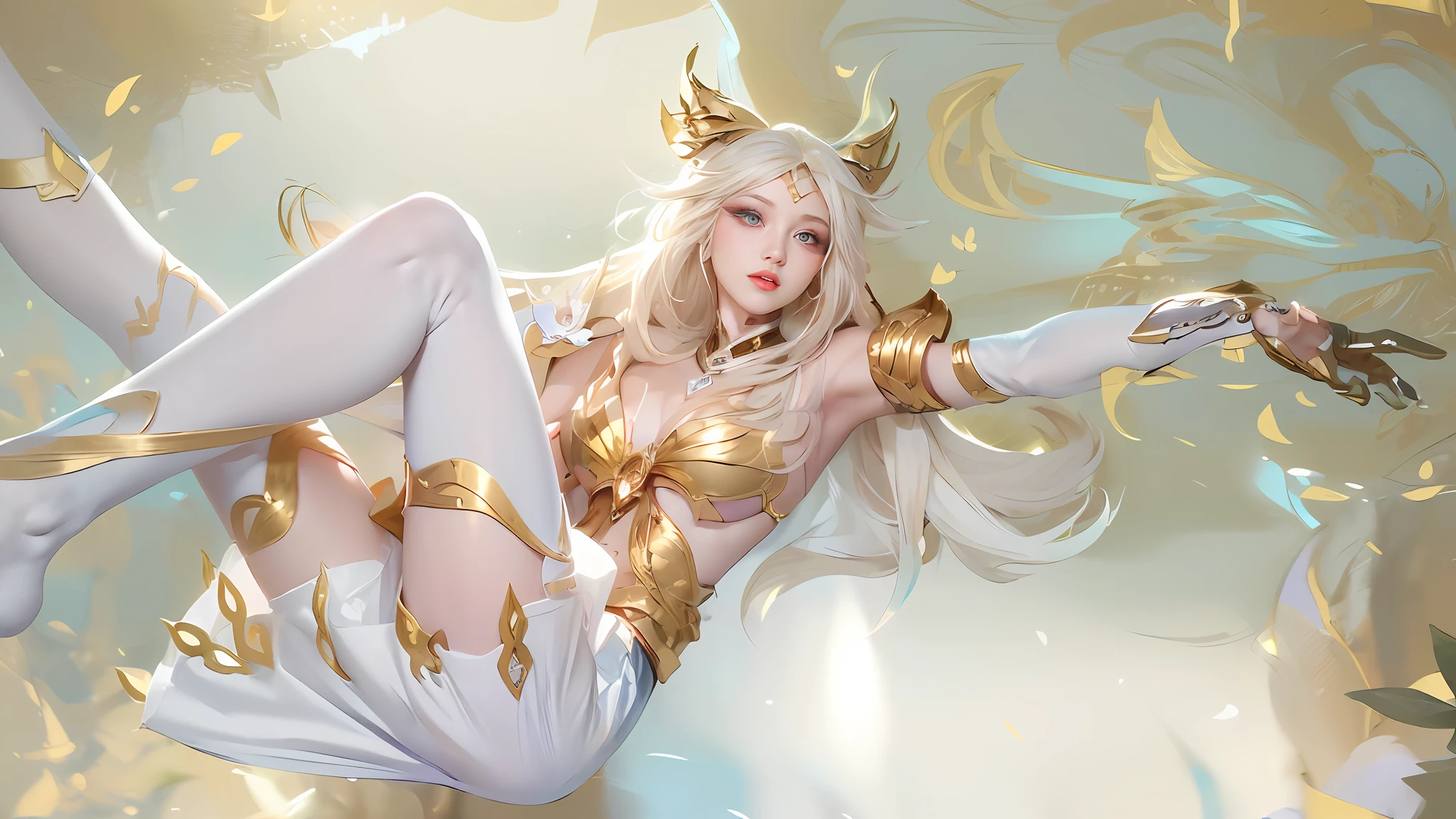 ((tmasterpiece)), ((Best quality), 8 k'', High detail, super super detail, rich details​, Western Face, Golden armor, White dress, White socks, White skirt, Golden hair, White Sota, jungles, Cyan light