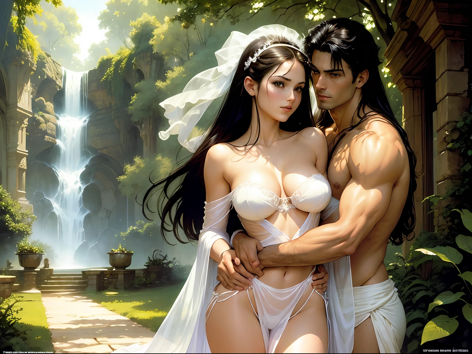 A couple, Lucy Pinder, standing in a garden, wearing a transparent white sarong and a crumpled strapless bra, cleavage visible, feminine, beautiful, slender, smiling, day light, trees in background, and, A handsome prince, clad in silks, holding her from behind, upper body, graceful, realistic, light effects, by Boris Vallejo, Frank frazetta, Louis royo