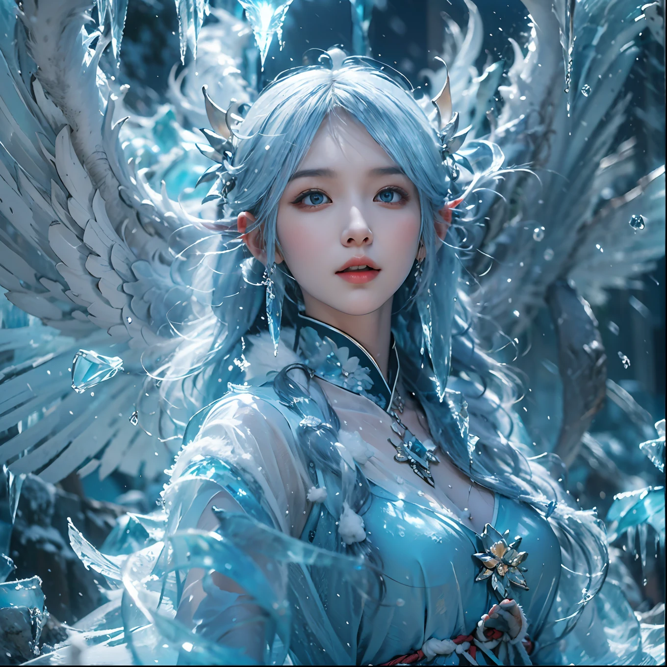 (((1girll))),(Perfect facial features:1.4),Wearing ancient Chinese Han costumes,icey,ice wings,Splashed liquid,Wavy liquid,airbubble,standing on water,wave,Blue glow,(Frost wings),(((Powerful ice magic))),(((Icicles))),Towering over the landscape,Blue light cold light,(((Ice storms))),Wind,((Flying snow ice and snow)),Amazing results,,best qualityer,tmasterpiece,超高分辨率,finely detailled,Complicated details,8K分辨率,8KUCG wallpaper,hdr,water blue,Magic Array,Cinematic lighting effects,lightand shade contrast,Ray traching、NVIDIA RTX