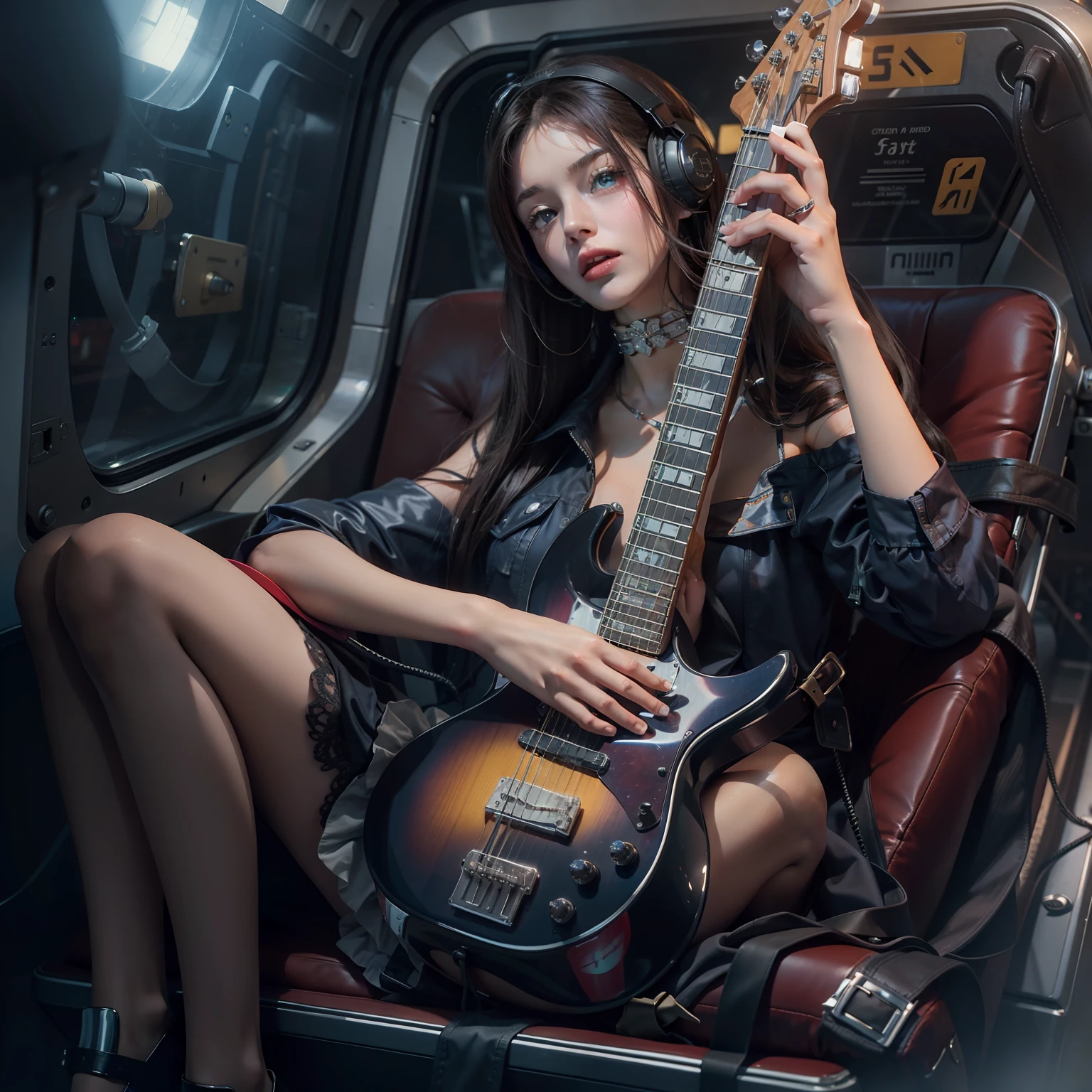 Enchanted woman holding an electric guitar Perfect beauty Beautiful eyes Glossy lips Sitting in a seat with legs kicked up long-sleeveTwearing a shirts Stimulating head phone Inside the spacecraft