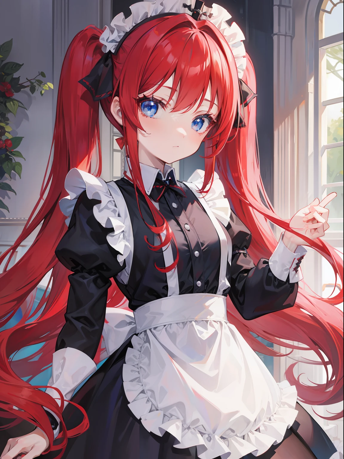 red hair,blue eyes,twintails,maid, long hair, long sleeves, gothic, solo, loli