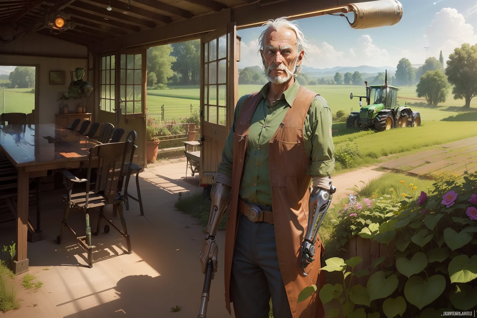 (((mechanical arm)), old farmer with biomechanical arm, solarpunk farm, ( background: , green wild garden, tractor, solar panels ), daylight, hd, solarpunk by Jean Giraud