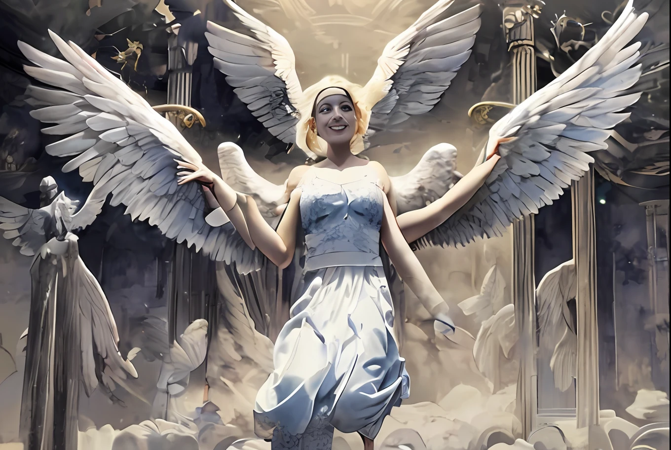 there is a woman that is flying in the air with a bird, female ascending into the sky, flying angels, with wings, spreading her wings, winged human, big angel wings wide open, girl with angel wings, icarus falling from the sky, she is approaching heaven, as a mystical valkyrie, with real wings, angel with black wings