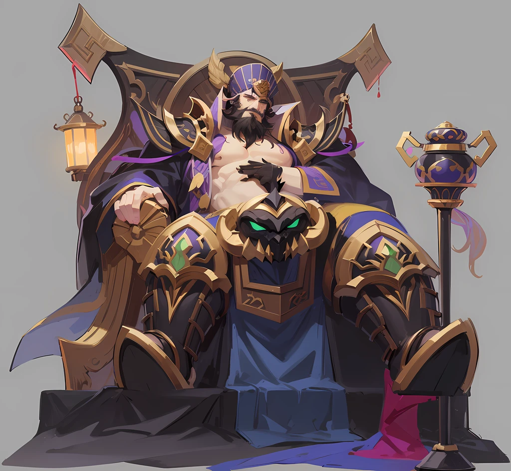 Generals of the Three Kingdoms，Dong Zhuo，Full beard，Sly laughter，Handsome face，Sit on a Taishi chair，Wearing a purple robe，Wear a purple crown hat，Open your tummy，Fairy wind road bone，Full of mystery，Fairy air fluttering，Ink character style，Graphic painting，Meticulous details，Two-dimensional drawing effects，the lora，the detail，Realistic portrait，You can almost feel the texture of her skin，painting of a，Oil painting is done on a smooth canvas，Capture every intricate detail with a delicate brush，（Fidelity：1. 3），tmasterpiece，best qualityer，（complexdetails：1. 2），独奏，Face in Focus，（closeup cleavage：0.8），超高分辨率，Correct body structure，Delicate skin，Half of the chibi