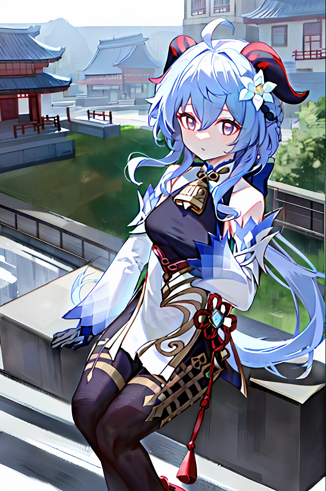 ganyu\(genshin impact\), 1girl, ahoge, architecture, bangs, bare shoulders, bell, black gloves, black tights, ((blue hair), blush, breasts, chinese knot, sleeve, East Asian architecture, flower knot, glove, horn, long hair, looking at the audience, medium chest, neckbell, night, outdoor, pantyhose, purple eyes, sideburns, solo, tassels, white sleeves, ((masterpiece))