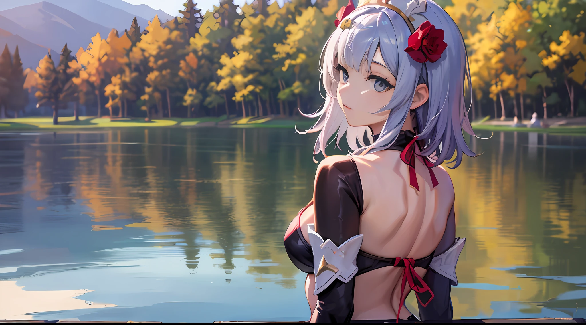 Noelle\(genshin impact\), Iwhole body, (NSTDA.:1.2), (10, beste-Qualit, master-piece: 1.4), ultra-high resolution, (lifelike, photorealistic portrait: 1.48), 20 age, Cute Girl, (Look neatly through the bikini:1.11), Famous Japanese actors, Beautiful breasts, Blue Eyes, Head tilt, cowboy shot, from the side, looking at the audience, expressionless, Beautiful lake, Zeiss 150mm F/ 2.8 Hasselblad, Whole body, foot, Ultra-Wide Angle