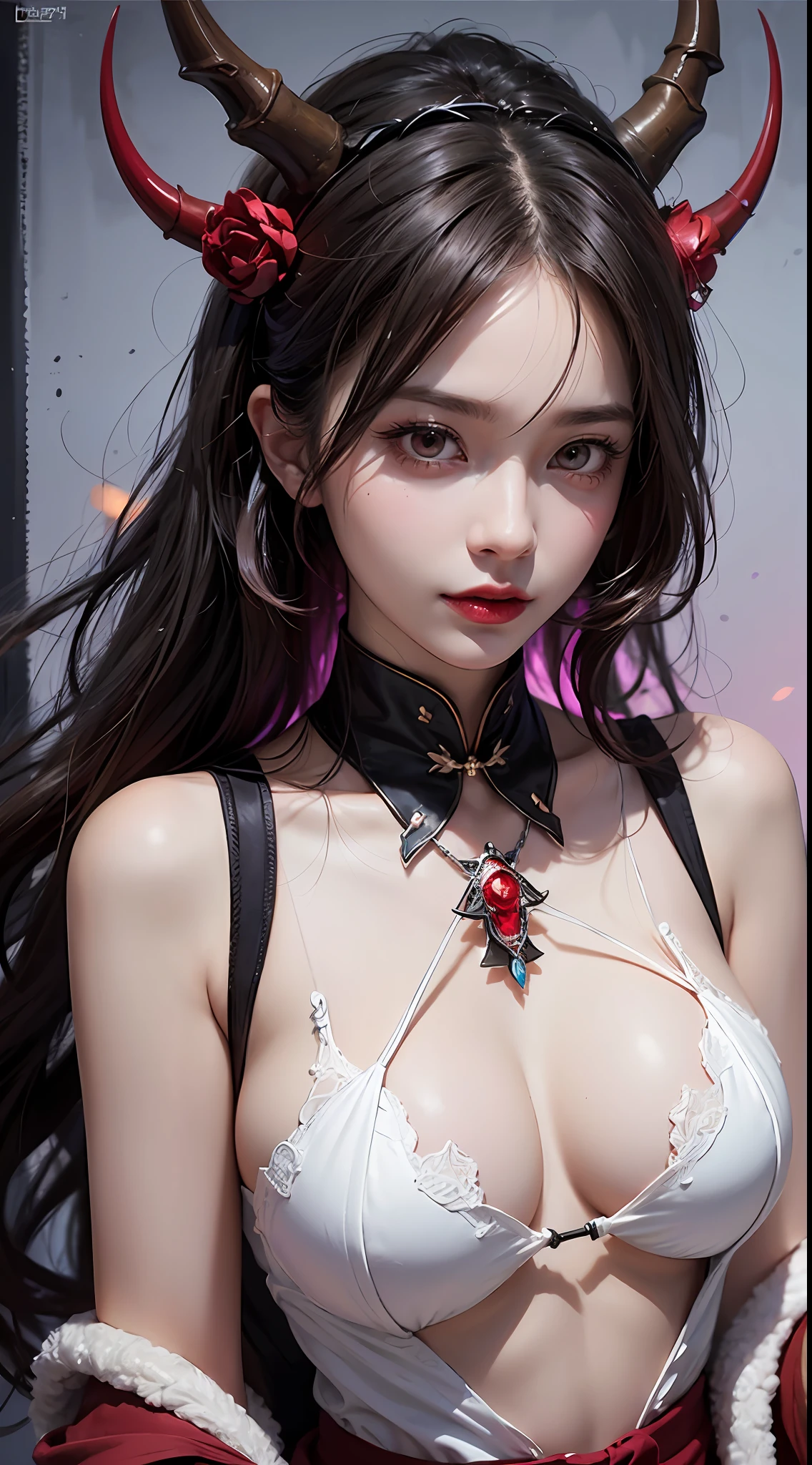 1 beautiful devil woman from hell, surreal female portrait by David Hockney and Alphonse Mucha, realistic shorts, chinese doll, photorealism, dynamic lighting, artstation, poster, volumetric lighting, clean pink and white face, super realistic face, beautiful face and very detailed make-up, 8k ultra, awarded, in the dark, low key, cowboy lens, (Red phoenix dress: 1.0), long hair, black hair, bust, devil's Palace, devil crown, eyes make up very sharp and detailed, the most beautiful face, super tight breasts, breast augmentation, the breasts are very big and round and round, super realistic, chinese women's clothing, polo neck sweater, charming smile, the eyes are very well made up, ((Deep red eyes:1.2)), big round eyes, glaring at the viewer, guweiz, devil style, wearing black mesh socks, ponytail with a bow tied at the back of the hair, plump and beautiful red lips, wearing a thin red and black robe, Hands pull the straps to reveal sexy breasts, the landscape is overcast and thunderous, beautiful female devil portrait, close-up of the main character, (detailed spooky background:0.8), HDR, UHD, 8kquality, detailed pixel, facing the beautiful girl, looking at the girl body,