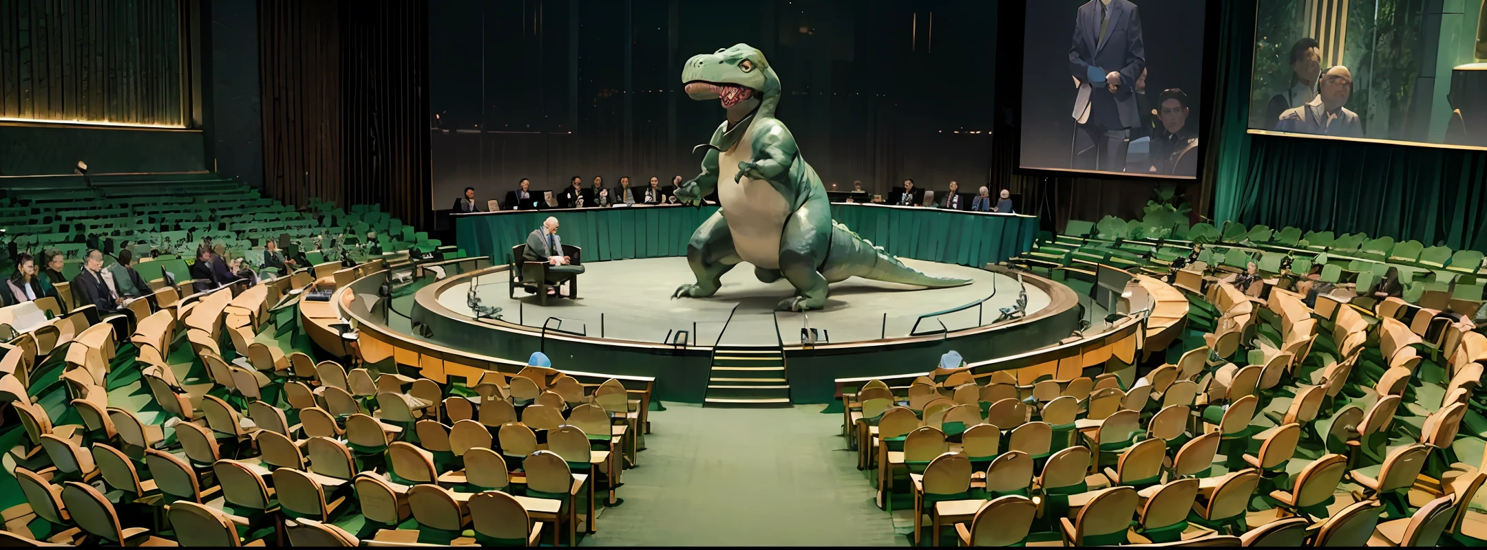 Dinosaur Speaking at the United Nations meeting, Assembly, world leader listening, about climate change & extension --auto --s2