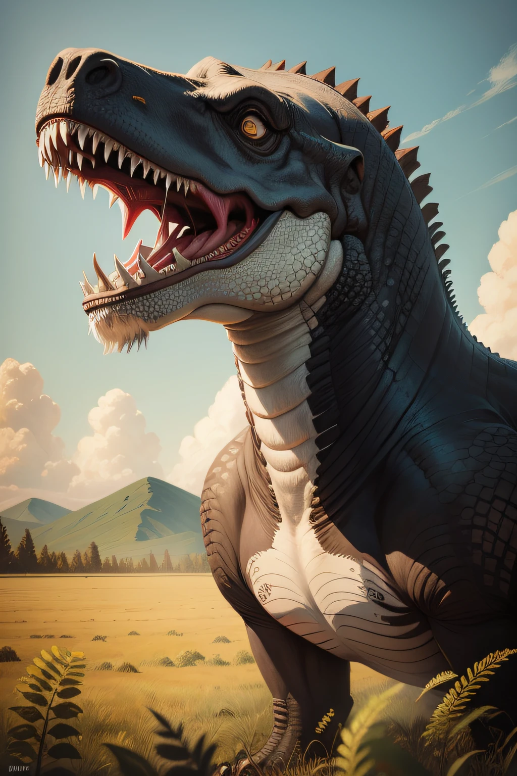 Tyrannosaurus Rex in the field, Oil painting,painted portraits in block prints