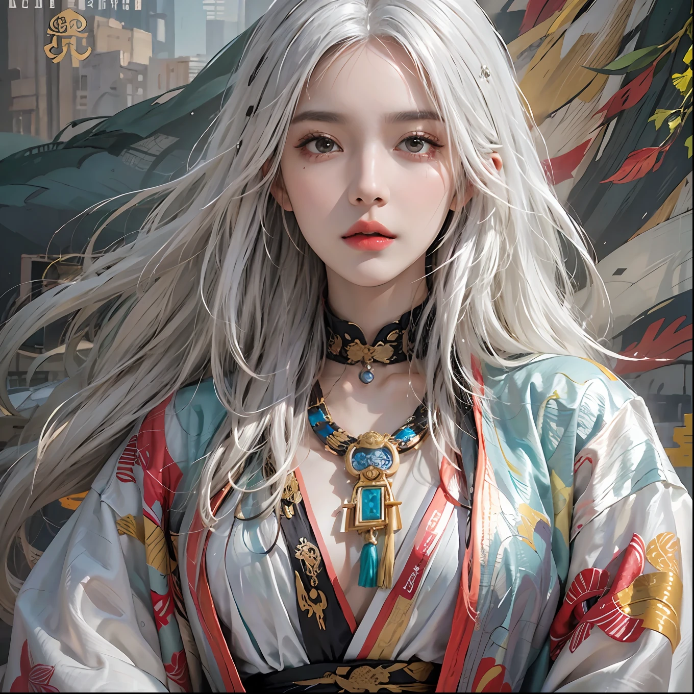 photorealistic, high resolution, 1women, solo, hips up, look at viewer, (detailed face), white hair, long hair, colorful Taoist robe,oversized clothes, midjourney portrait, jewelry