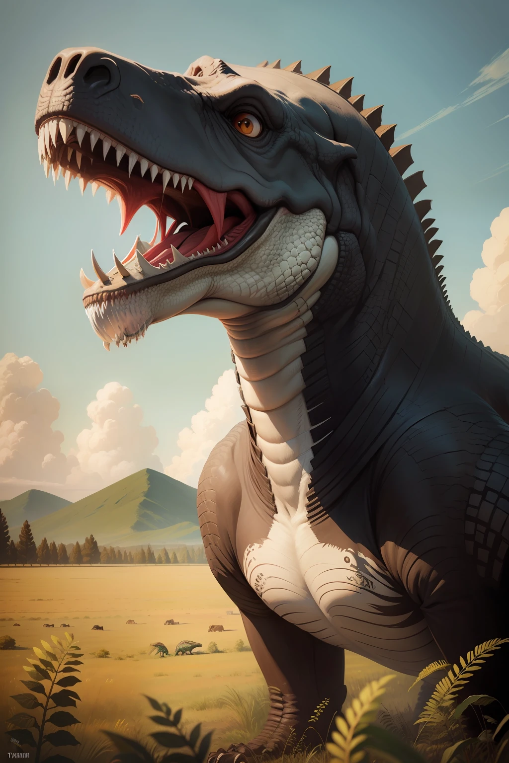 Tyrannosaurus Rex in the field, Oil painting,painted portraits in block prints