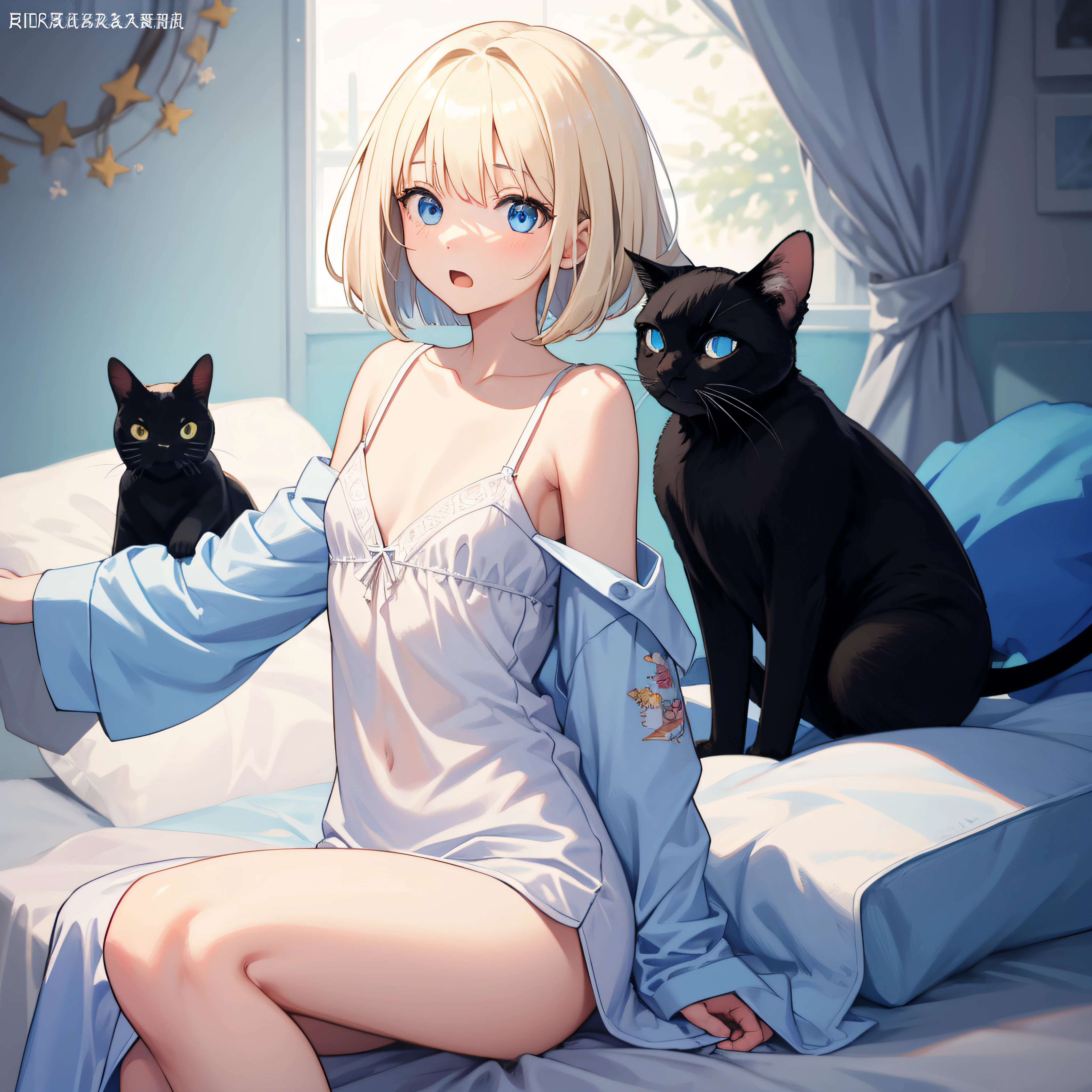 masterpiece, top-quality, (NSFW:0.8), 1girl, platinum-blonde-hair, Short Bob Cut, Blue eyes, small perky breasts,、natta、 s Pajamas, Surprised face, On the bed、oversleeping、Diagram of waking up、black cat