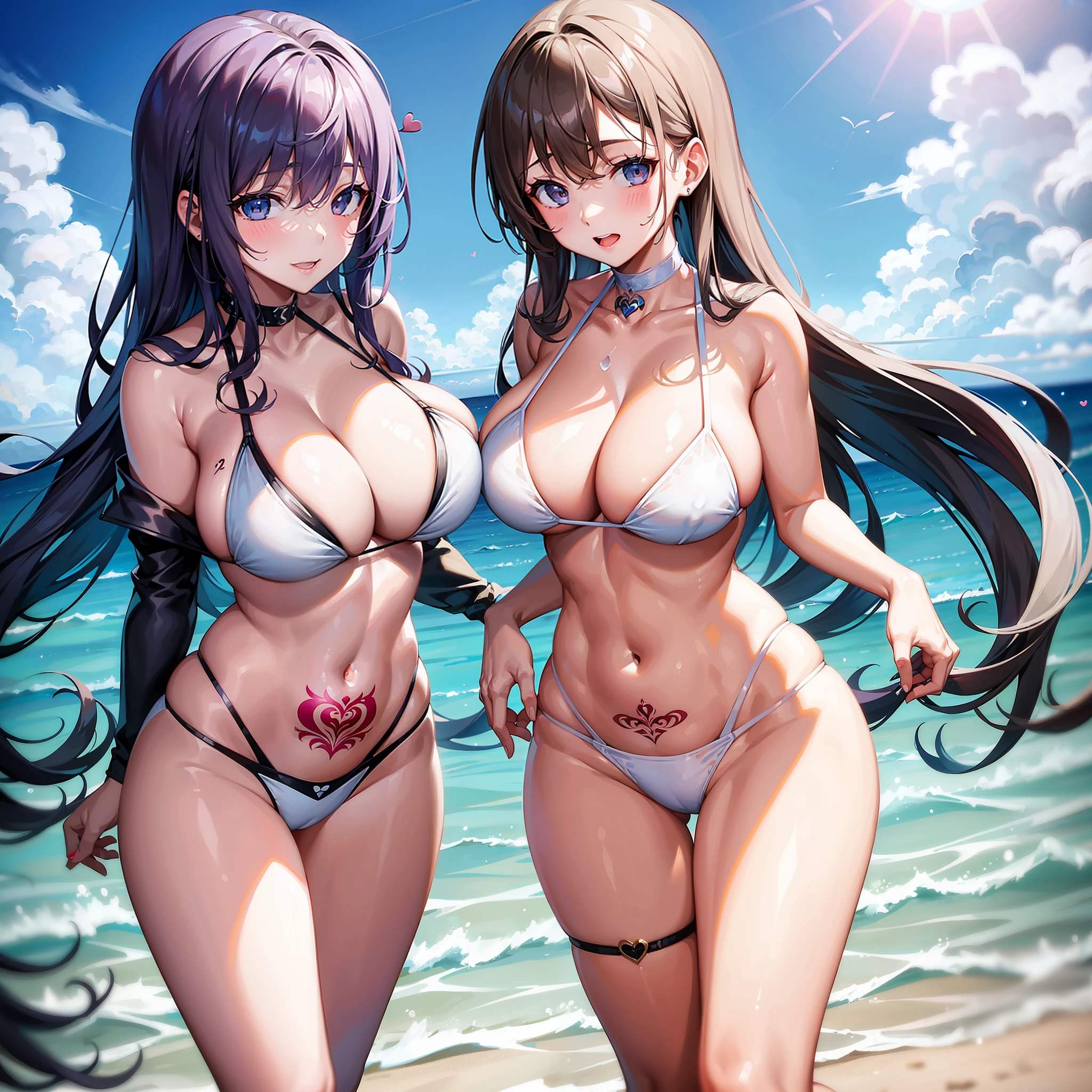 2girls,Extremely large breasts,Get wet,White bikini swimsuit,Bare with thighs,Bare navel,High-fork swimsuit,Tattoo of a heart on the abdomen,There is love in the eyes