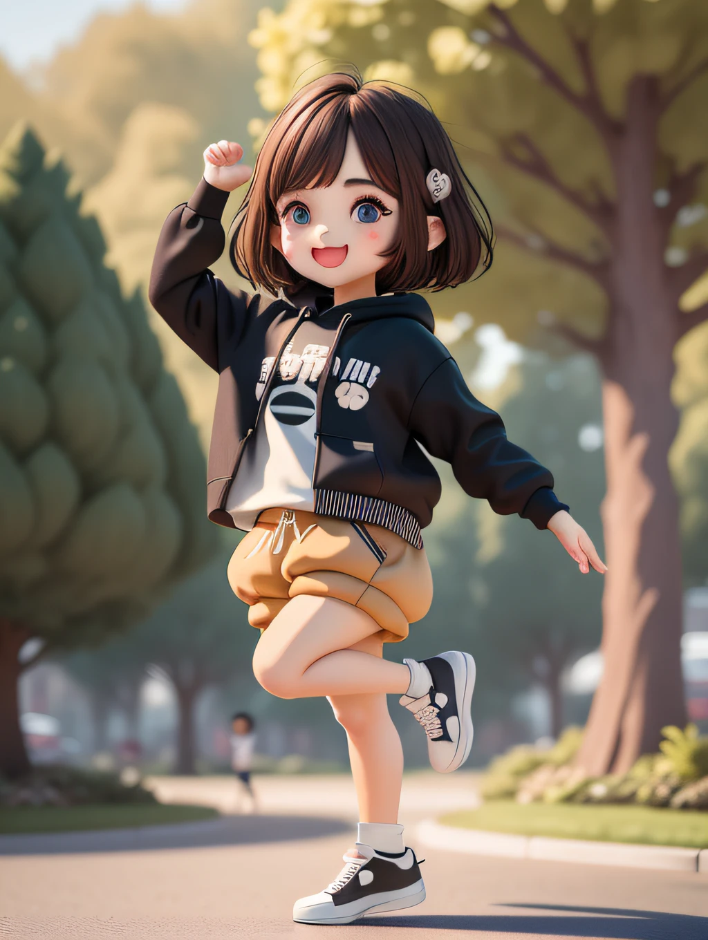 (masterpiece),(best quality),(ultra-detailed), (full body:1.2), a boy, chibi, cute, smile, open mouth, outdoors, dancing, dancing hip hop, jumping pose, hoodie, blush, tree, :3, shirt, short hair, brown hair, blush stripes stickers, long sleeves, black hair, sneakers, pants, (beautiful detailed face), (beautiful detailed eyes),