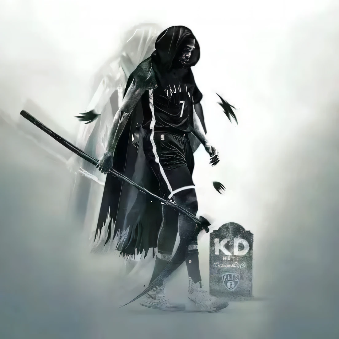 Image of Alphad of a man with a sword and a tombstone, lord of death, king of time reaper, beautiful male god of death, Reminds me of the Grim Reaper, shinigami, Kevin Durant Do, shinigami, angel of death, shinigami, undead knight, punk grim reaper, dark but detailed digital art