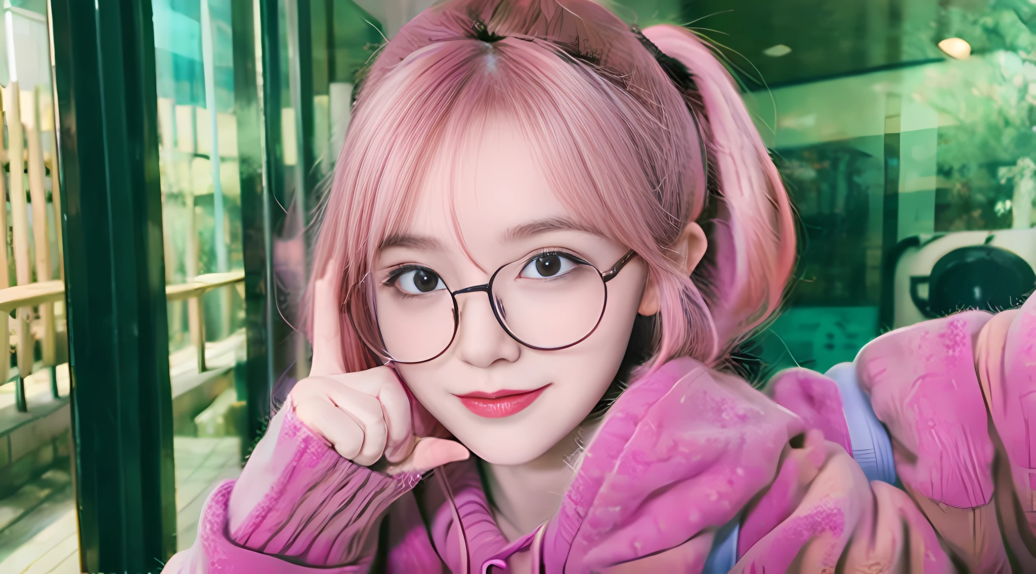 Anime girl with pink hair and glasses thumb up, with index finger, kawaii realistic portrait, oc commission, high quality fanart, commission for high res, Nekomimi, Nyaruko-san, In anime style,kawaii , marin kitagawa fanart, fullbody commission for, Commission on furaffinity, Women in their 20s ,Two chups.
