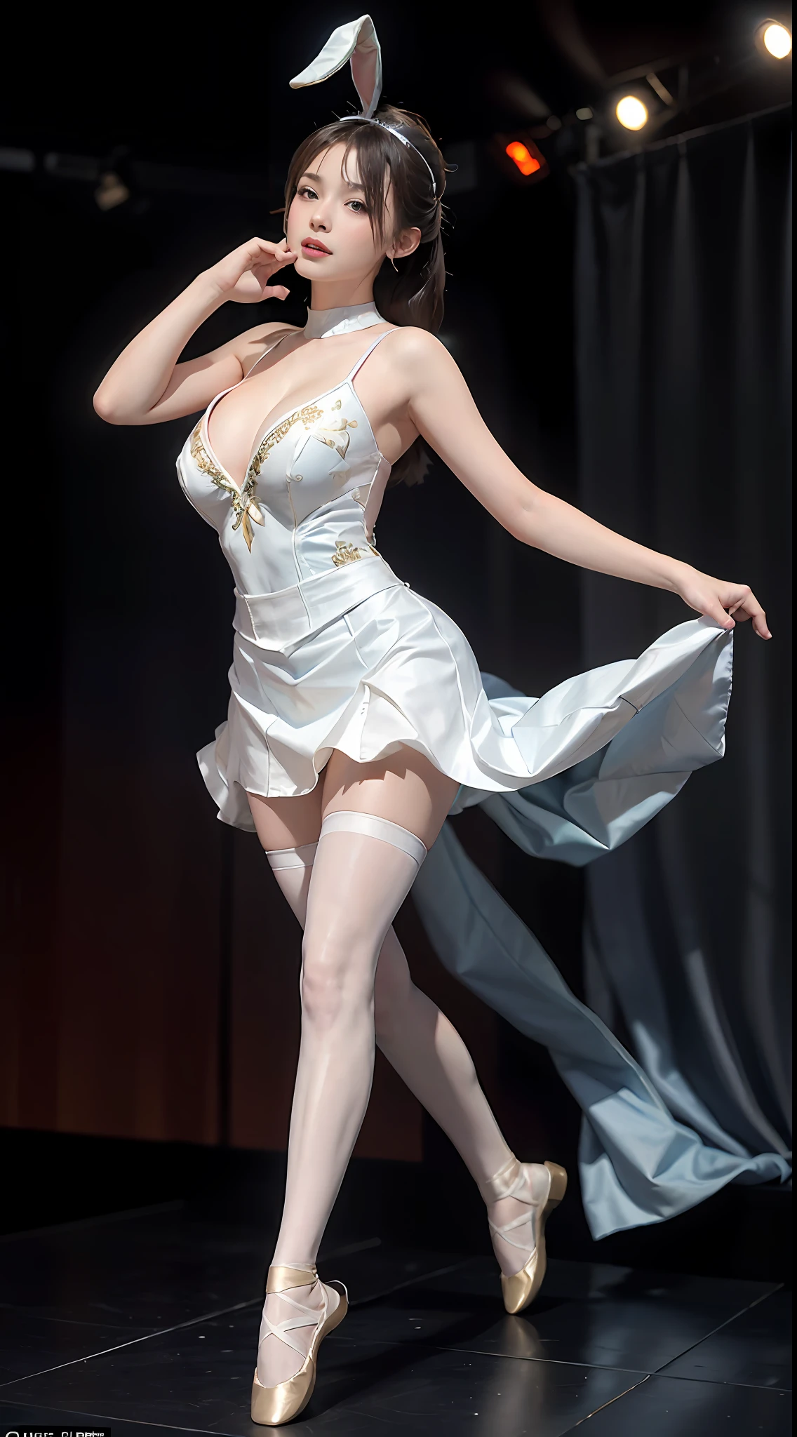 Surrealist women by David Hockney and Alphonse Mucha，Fantasyart，photographrealistic，动态照明，art  stations，poster for，huge tit！lamplight，Stage，perform，theater，Volumetriclighting，Tall beauty，body high，Very detailed faces，4 k''，1girll，Stage，low tune，facial closeups,(White ballet costume，Ballet costume，Ballet costumes，ballet dance，Miniskirt bunny girl headdress，cleavage:1.4), wavy hair，lots of people，Redlip，ssmile，low chest，deep v big breasts，huge tit，Raised sexy，Bigchest，Large breasts，Breast swelling，Raised chest，blackstockings，Breasts are plump，crisp breasts，A plump chest，the breasts are large，Seductive expressions，Wear earrings，The skirt floated，Hair flowing up，Fairy under fan，wearing a choker，Wear a bracelet，The stands up，standing on your feet，long leges，blackstockings，Wet all over，Moisturizes the whole body，huge tit，Red lips，stocklings，gigantic cleavage breasts，black lence stockings，slenderlegs，Hot dance，ballet dance，Ballerina，full bodyesbian，beautifullegs，Dance，gracefulness，soft，softness，Noble，Rich，largeeyes，eye shadows，Long legs，beautifullegs，Thin leg，split，splitting legs，Dance，Dancer，split，Aerial capture，Jump up，Suspended in the air，Dancing in the air，legs long，with his back to the viewer，Back shadow