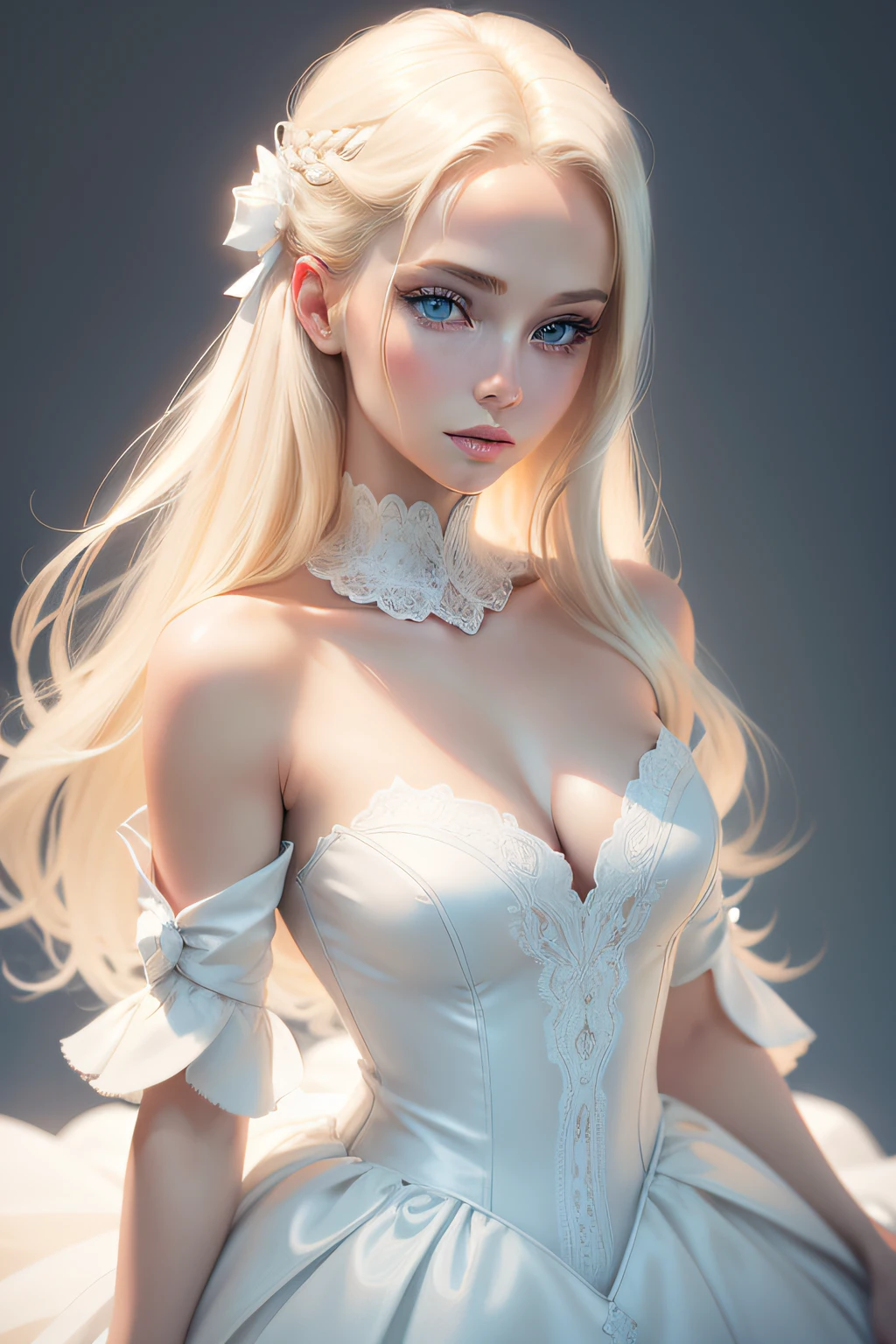 blond-haired girl with blue eyes and a white dress, digital art of an elegant, portrait of Barbie doll, elegant fashion model, stunning digital illustration, gorgeous digital art, stunning digital art, beautiful model, beautiful digital artwork, beautiful model girl, elegant lady with alabaster skin, beautiful girl model, a girl with white hair
