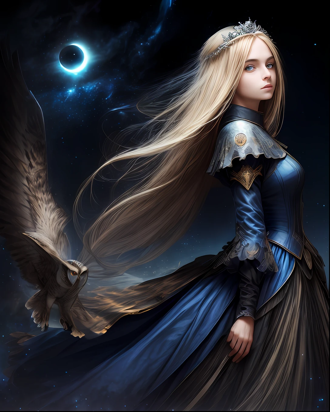 (beste-Qualit, tmasterpiece), (Young woman and owl), the pose, particle, the wind, flower, upper-body, Night Eclipse Background, looking a viewer, Long straight blonde hair, detailed blue eyes, Medieval blue princess dress, galaxy, back light, rimlight, A beautiful work of art, Perfect composition