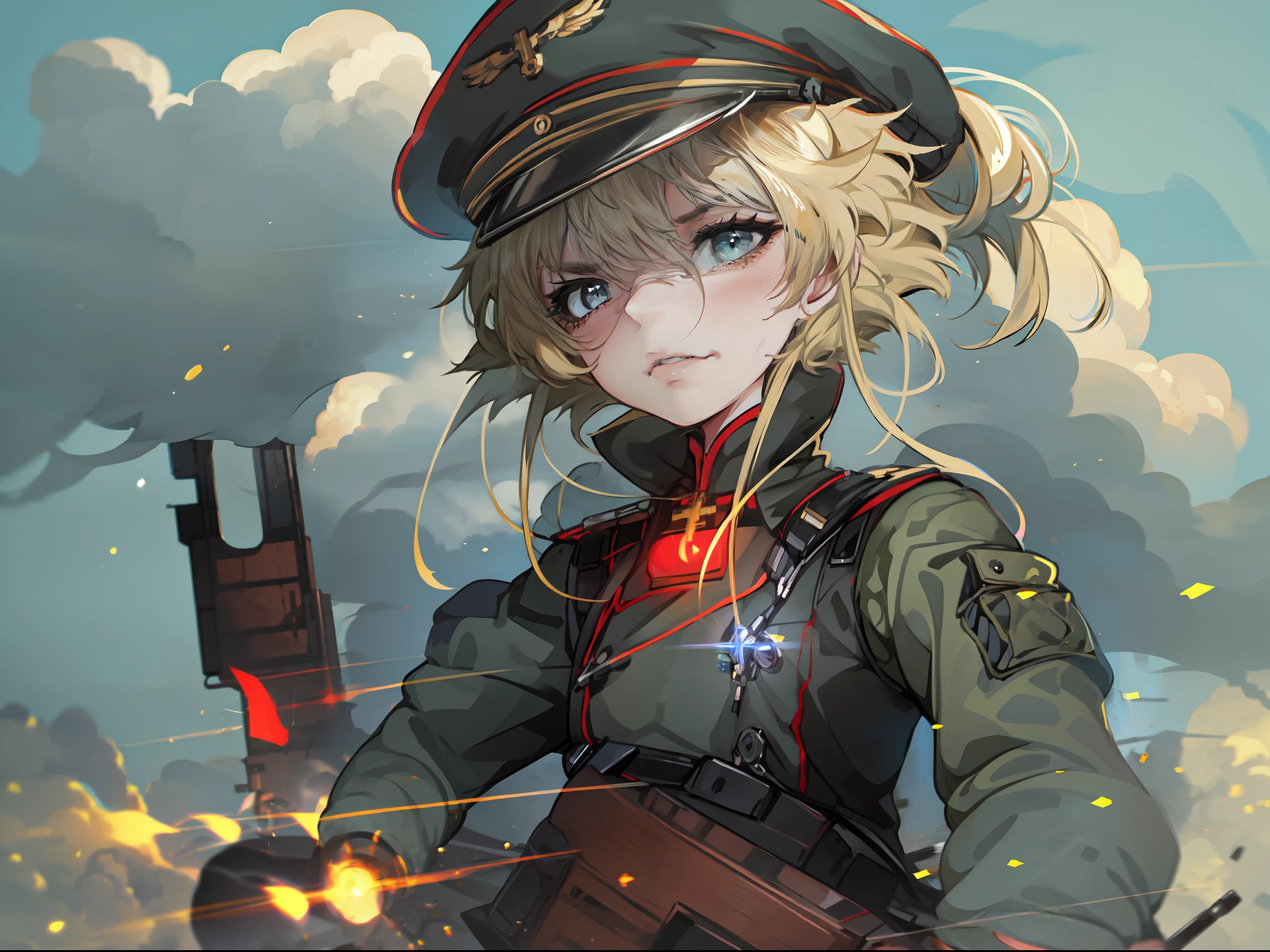 Tanya_degurechaff, Military armor, guns, with cannons behind, cloudy skies, badass, ((4k, masterpiece, high quality, detailed quality))