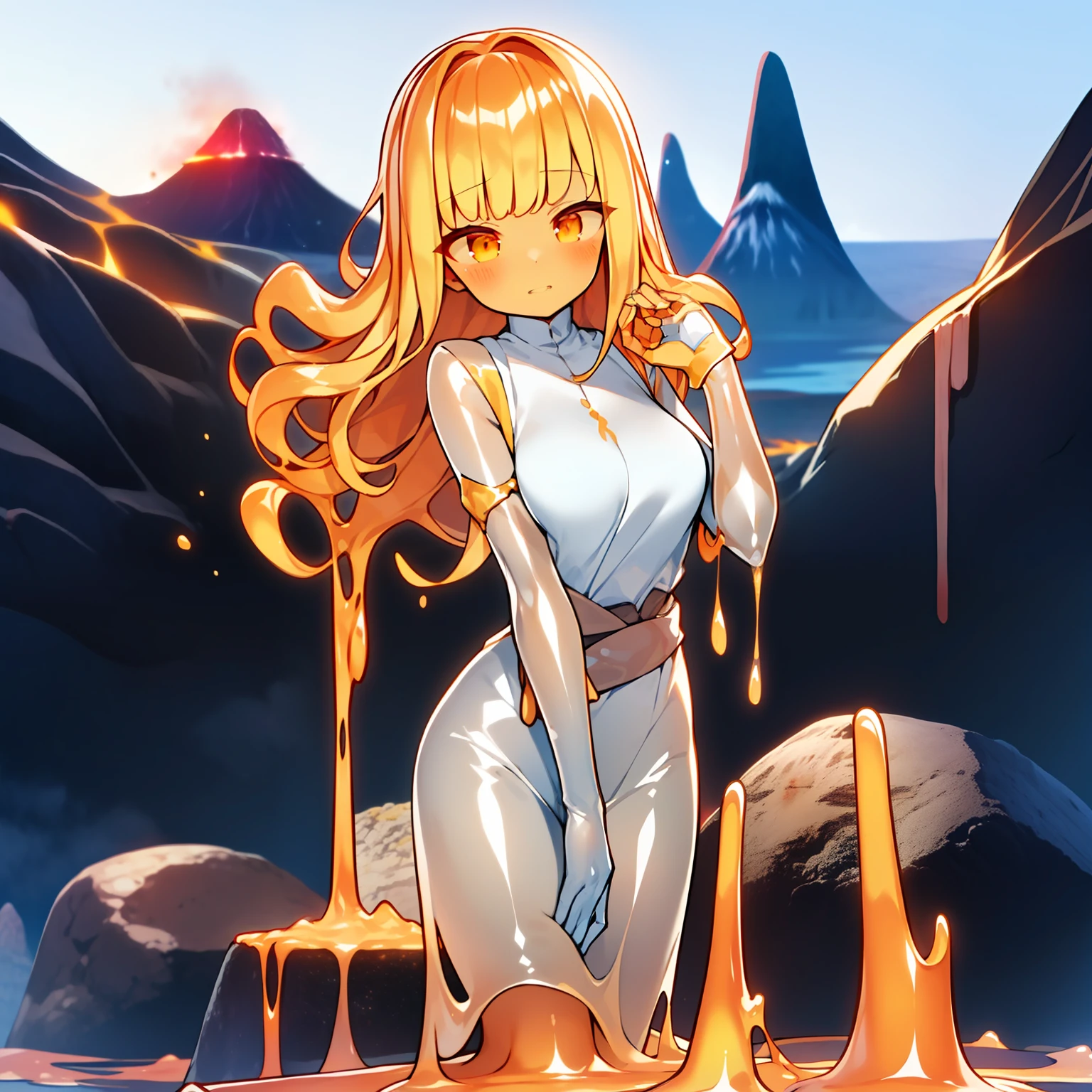 (Golden ratio:1.2),[(Colorless background:1.4)::10],(Masterpiece), (Best quality), (Ultra detailed),(Disheveled hair),(illustration),(1girll:1.3),Solo,full bodyesbian,Slime girl,(Transparent red skin:1.2),Lori huge breasts cleavage,Orange-yellow eyes,figure eight bangs,wavy and long hair,little breast,nuded,Bare legged,Hands to the sky,squinty eyes,(Kaihuai),(Stand near a pile of lava bubbling rocks:1.2)+(There are volcanic eruptions in the distance:1.3)+[(Inception:1.2)],（Very detailed CG unity 8K wallpaper），hyper HD, retinas, Anatomically correct, Textured skin, Super detail, Best quality, A high resolution,（Very detailed CG unity 8K wallpaper）
