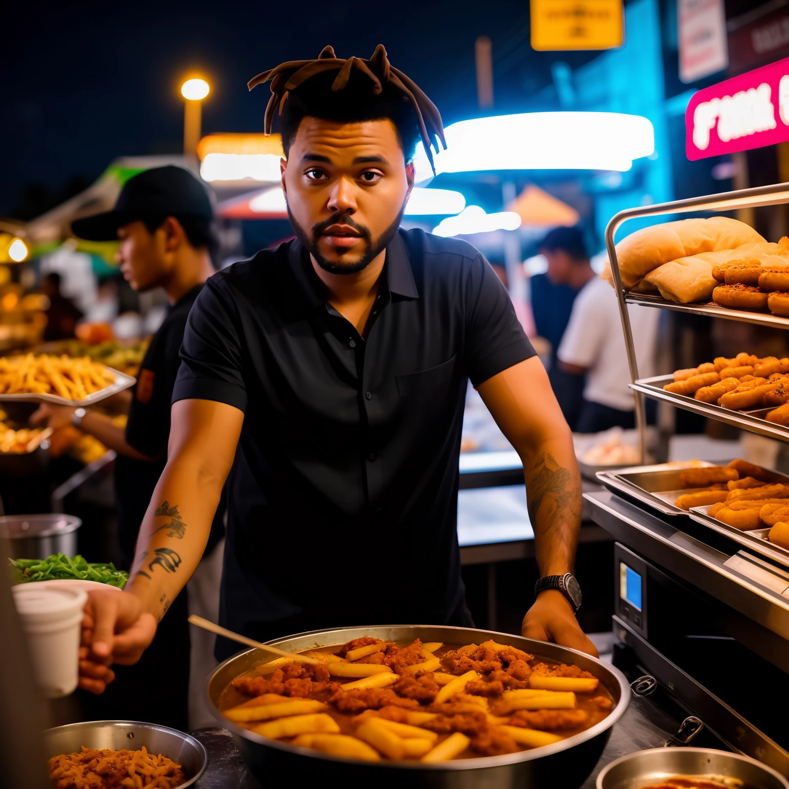 Hyper-realistic, the
Weeknd selfie selling street food at night time in Cambodia shop Fujifilm XT3 35mm lens f/1.8, vivid color, --v 5.2 --q 2 --ar 16:9