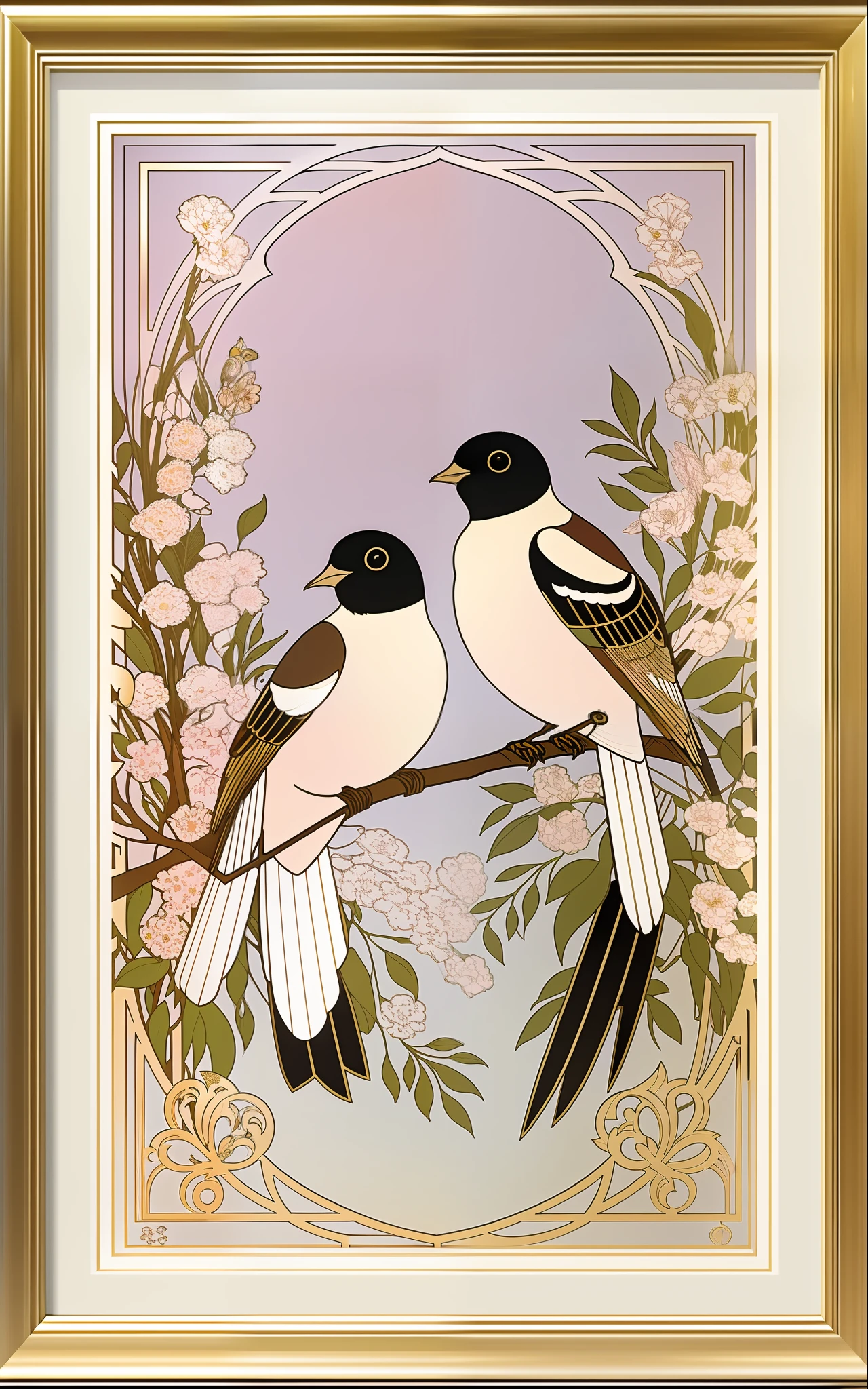 Abstract artwork，Mucha works in style，Two golden magpies in love, Accompanied by flower arrangement，Gold dust outlines the lines of love，The scene is depicted in a stylish design style, Use a color palette inspired by the Morandi color scheme. The color is pastel，Includes a variety of shades of gray, Beige, and pale pink. The bridge is depicted as an elongated structure,Add natural beauty and tranquility to the artwork. The overall atmosphere is peaceful and peaceful. This artwork can be imagined in a digital painting style, Where strokes and textures are visible, Give it a modern and artistic feel.