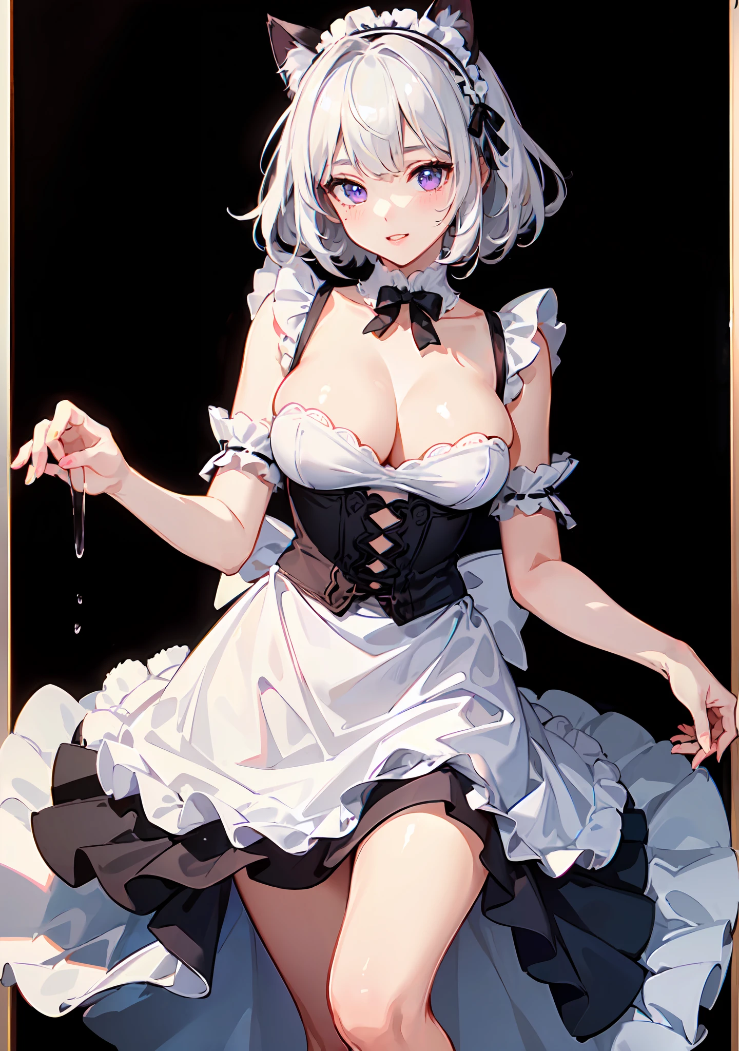 ((((masterpiece, best quality, high resolution)))), 1girl, white hair, purple eyes, short wavy hair, average breasts, blush, light smile, parted lips, glow, thighs, bare shoulders, collarbone, narrow waist, cleavage, (beautiful detailed face, beautiful detailed eyes), long slender thighs, perfect eyes, (cat ears, maid outfit, maid apron)