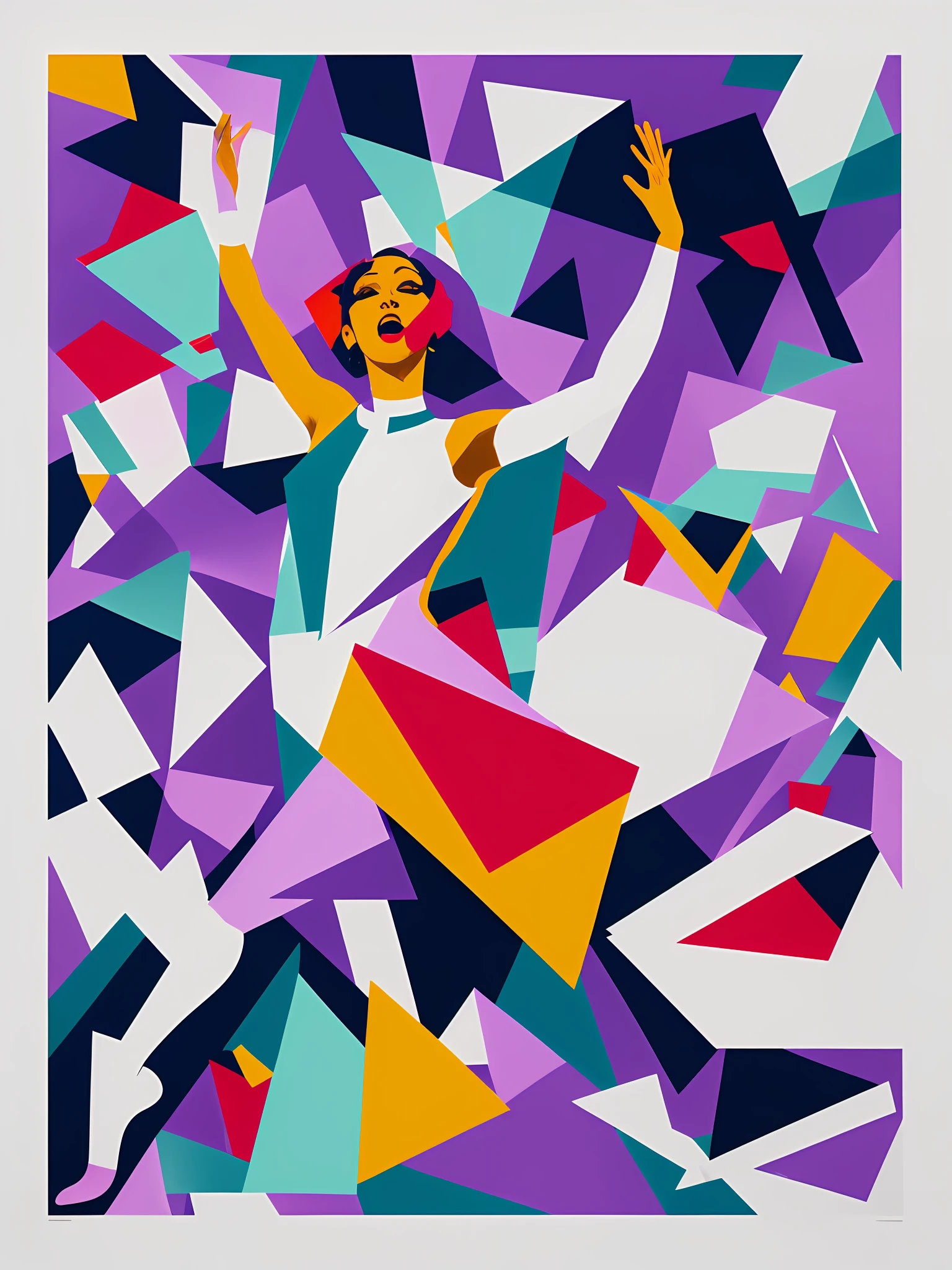 Bauhaus-style poster of Josephine Baker dancing frenetically, dynamic energy and action, lavender palette, fractured dimensions made from ink-spattered palimpsest of complex musical notation, Baker emerging from 2D to photo-real 3-D illuminated, white paper torn in Russian constructivist shapes revealing ineffable mystery