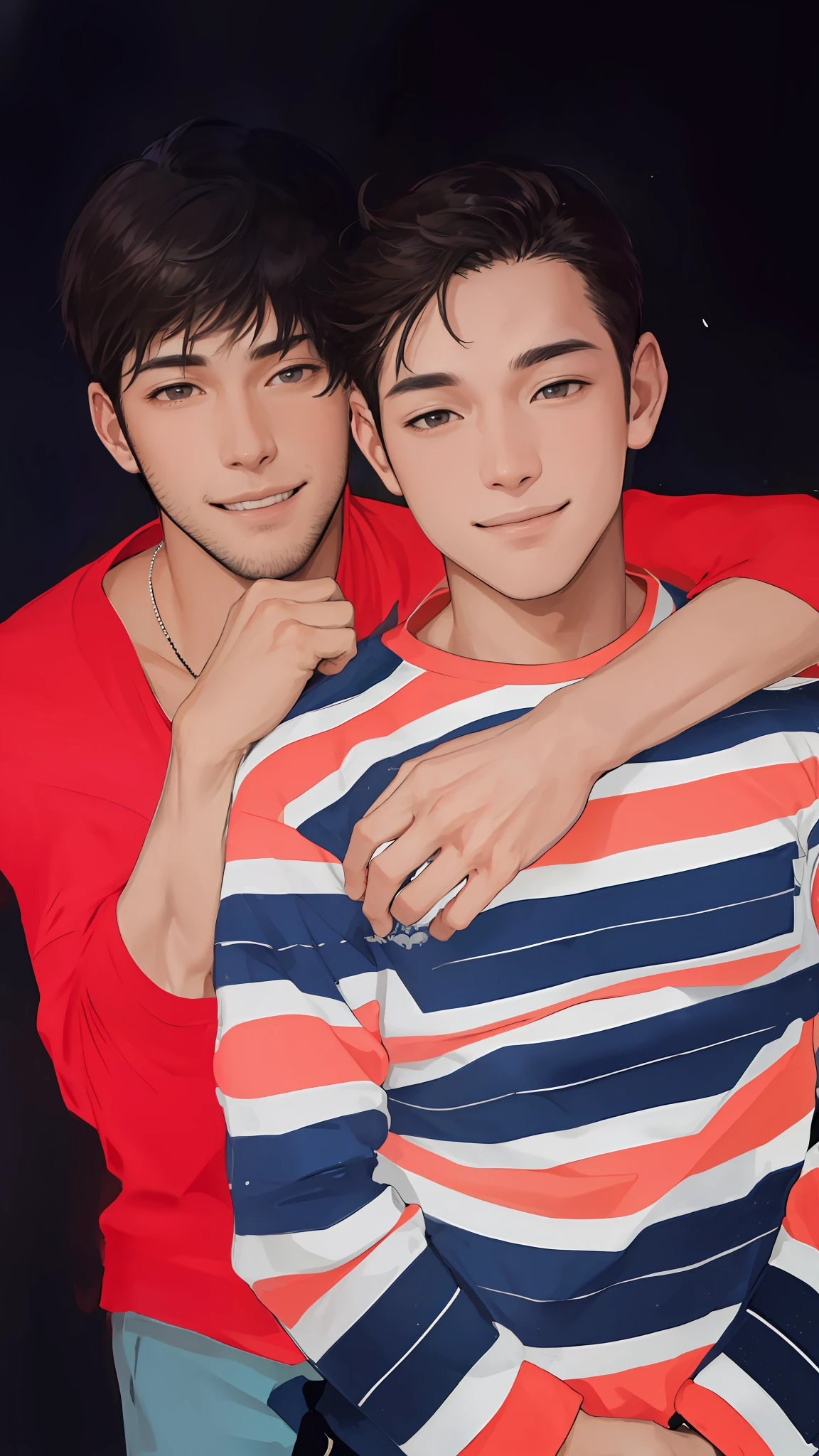 masterpiece, best quality, realistic, 1man, mature male, tall muscular, handsome, smile, closed mouth, portrait, extremely detailed face, casual clothes 2boys