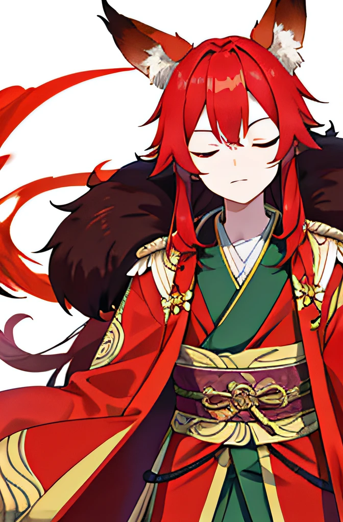 chiquita，Wearing ancient Chinese fox ear costumes，Redheads drooping，Qi bangs cover his eyes，The whole body is covered in a robe with red hair，Comb long hair，Handsome setting diagram of fox ears。