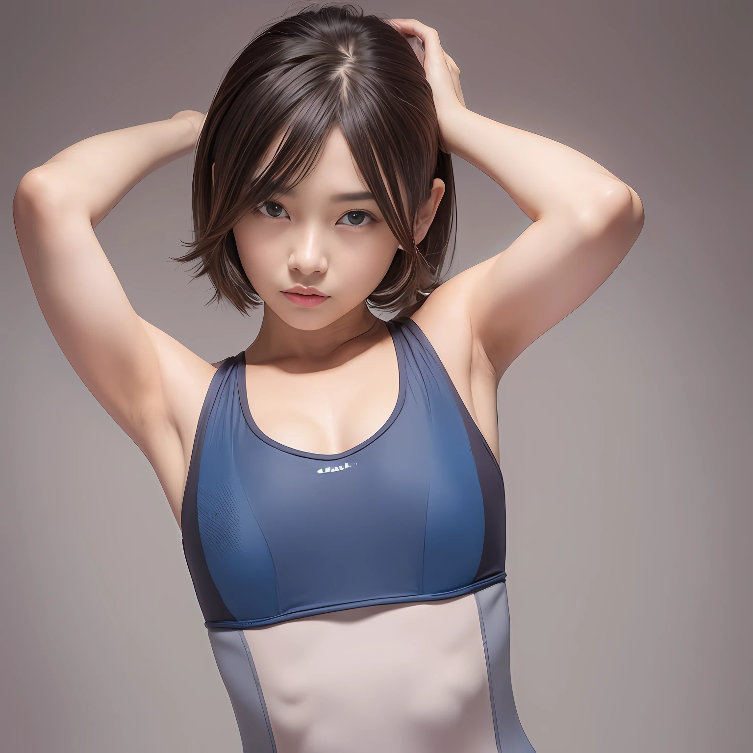 (Solo), (a detailed full-body RAW photo of a girl), (masutepiece:1.0), (Best Quality:1.4), (超A high resolution:1.2), (Photorealistic:1.4), 8K resolution, Canon EOS R5, 50 millimeters, absurderes, ultra-detailliert, (30 year old), Nipple Focus, Cinematic lighting, Detailed beautiful face, (no-makeup:1.2), (ulzzang -6500-v1.1), petite figure, Detailed skin texture, (flat chest:1.4), (skinny and fit body:1.6), Detailed brown hair, sweltering,(Very short hair:1.5), See Through wear, (Blue and gray thin competition one piece swim wear:1.5), More transparent, low rise, realistic glistening skin, Detailed texture, Cameltoe, well-developed abs, erect nipples, wet wear,