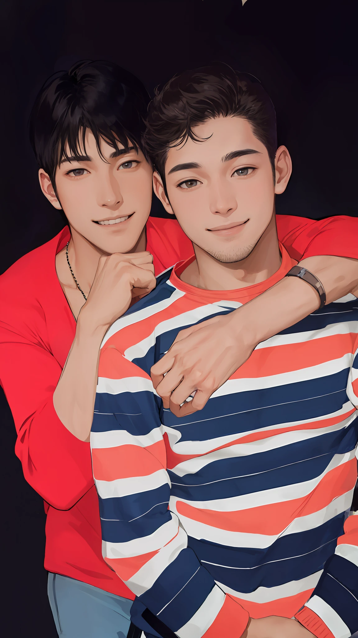 masterpiece, best quality, realistic, 1man, mature male, tall muscular, handsome, smile, closed mouth, portrait, extremely detailed face, casual clothes 2boys