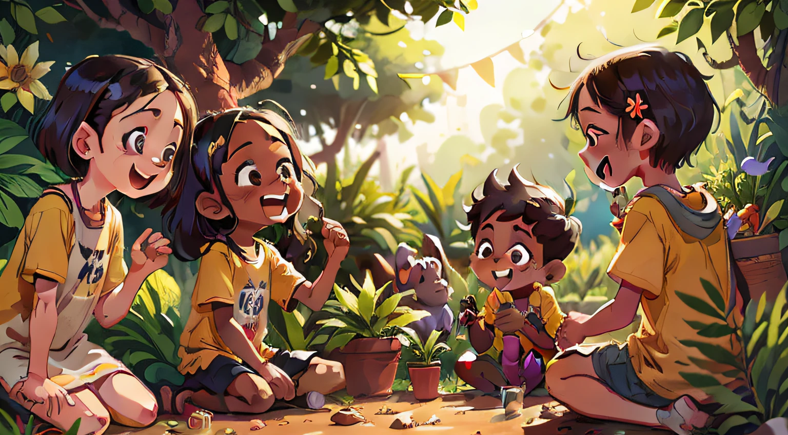 Title: “The Quest for the Perfect Smile” Prompt: Create an ultra-childish image that depicts African children João , Sofia 6 years oldears old and Alice in a journey to find pre-race smile. The scene takes place in a natural environment, with a beautiful sunset in the background, conveying a sense of calm and serenity. African children are surrounded by elements of nature such as colorful flowers and leafy trees. They are engaged in activities that make them smile, such as playing, helping others and sharing happy moments together. Every African child is committed to finding their own perfect smile, with expressions of joy and determination on their faces. Use vibrant colors and muted tones to convey a warm and uplifting atmosphere.