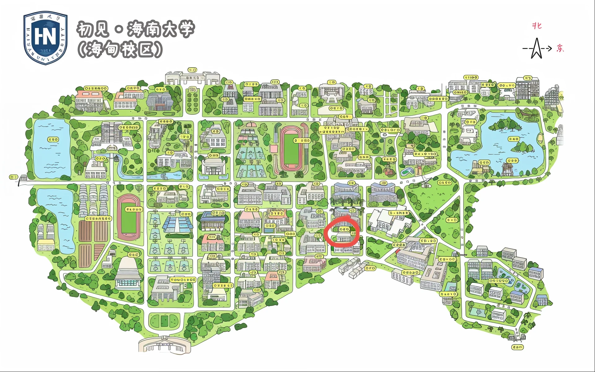 A map of the campus with a red circle in the middle, Detailed map, Top view map, 🚿🗝📝, Game map, 🪔 🎨;🌞🌄, Tourist map, Map, Detailed!!, author:Yasutomo Oka, University, Detailed!, author:Yunichi Hiratsuka, flat!!, Close-up!!!!!!, full - view