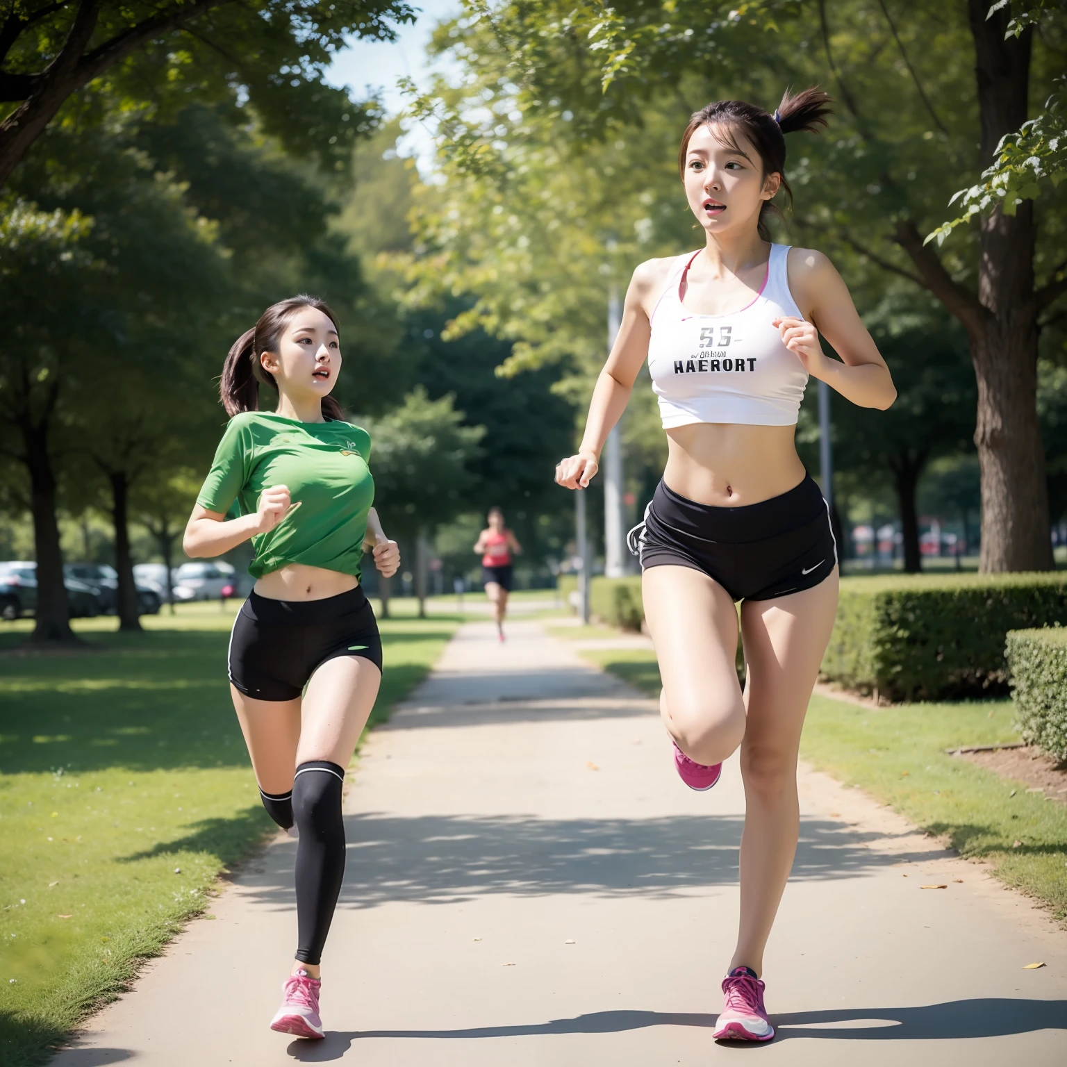 A girl runs in the park,huge tit,full body shot shot,