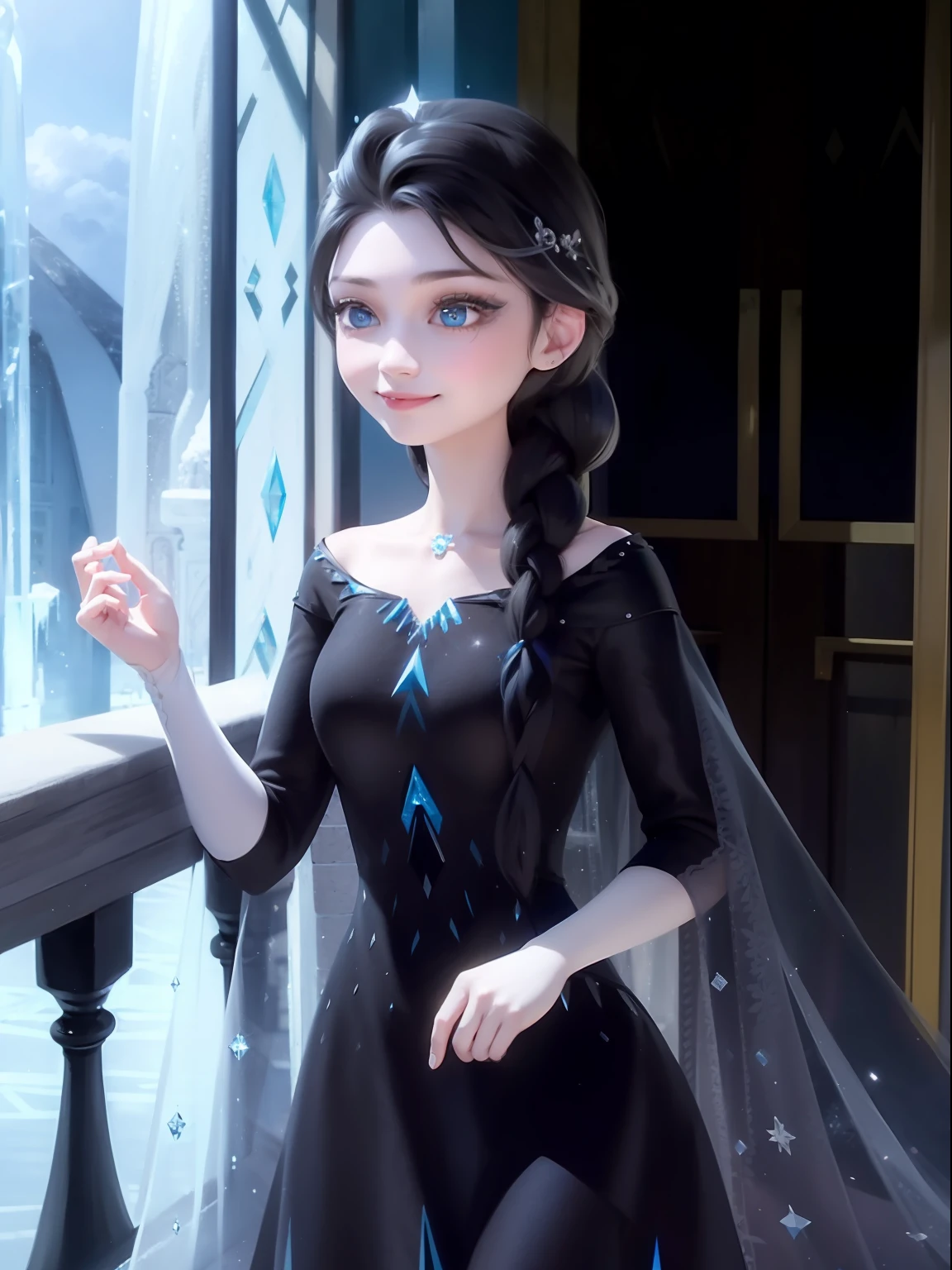 Elsa of erendelle, smiling,((black hair:1.4)),Balcony,Braided hair,(Blue dress),(ice queen dress)