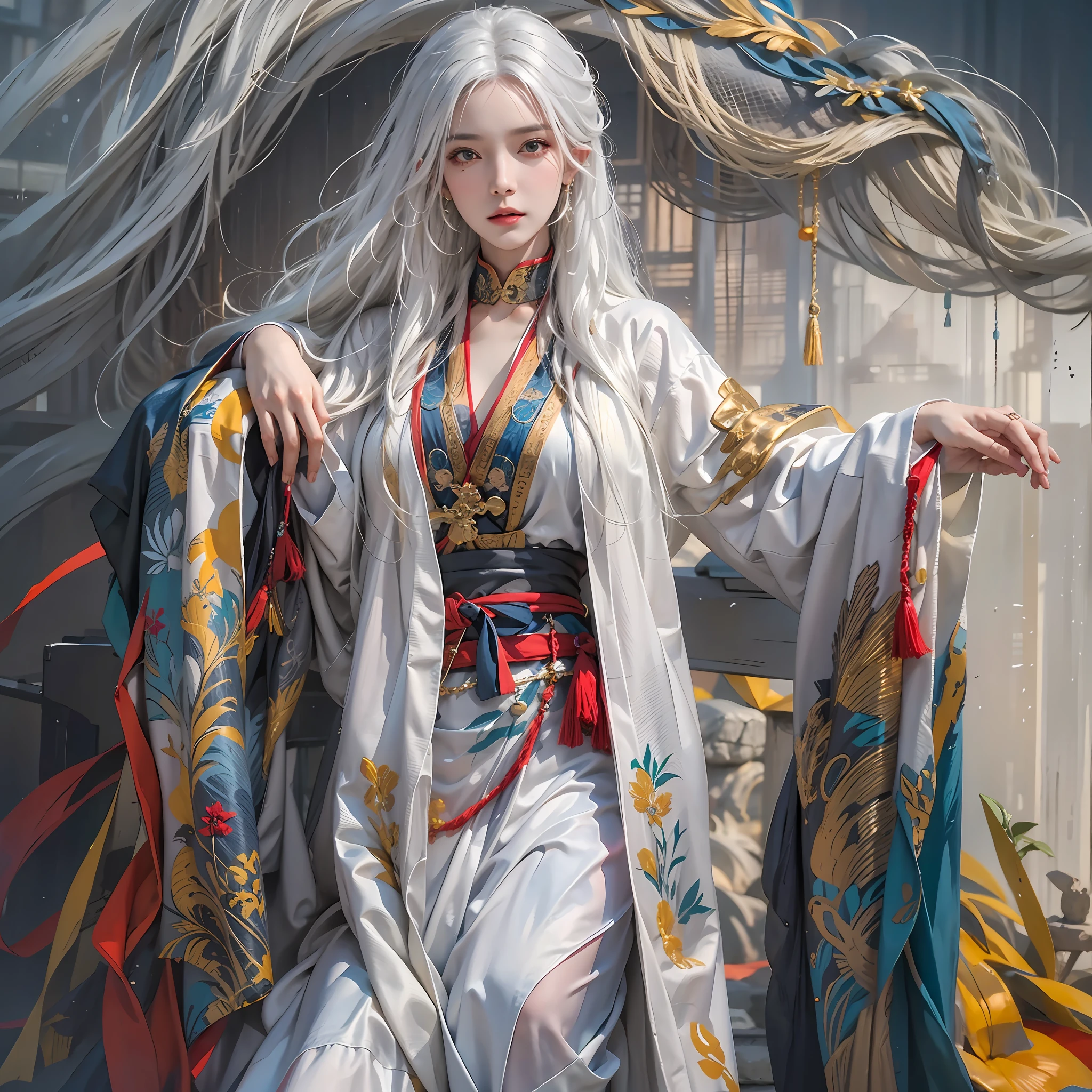 photorealistic, high resolution, 1women, solo, hips up, look at viewer, (detailed face), white hair, long hair, colorful Taoist robe,oversized clothes, midjourney portrait, jewelry