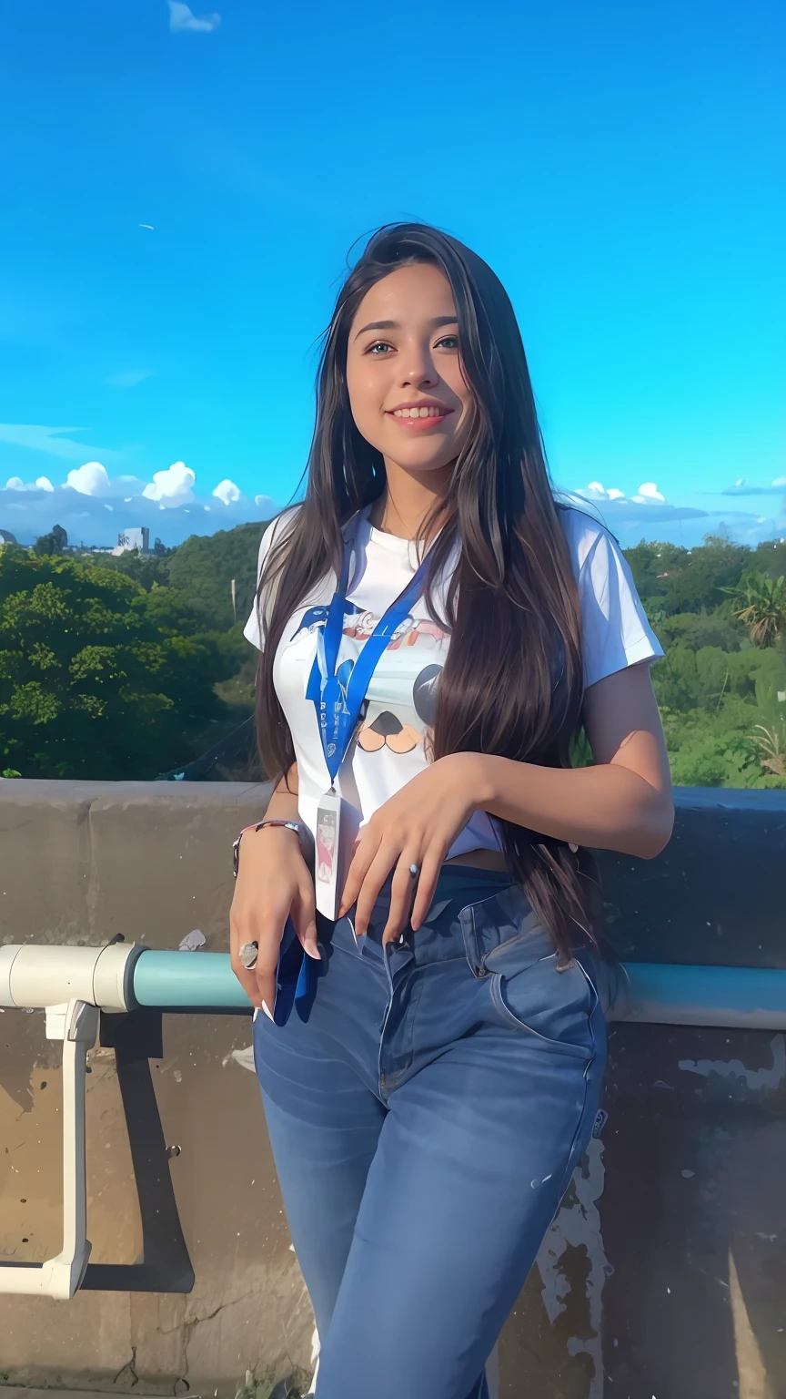 A beautiful girl standing on a bridge with a blue lanyard, alanis guillen, she is about 1 8  old, violet myers, cindy avelino, 18 years old, karla ortiz, in sunny weather, photo taken in 2 0 2 0, real ungine, with long hair, student, candid photo, lorena avarez, both eyes are beautiful and perfect shape, smile like a pretty girl