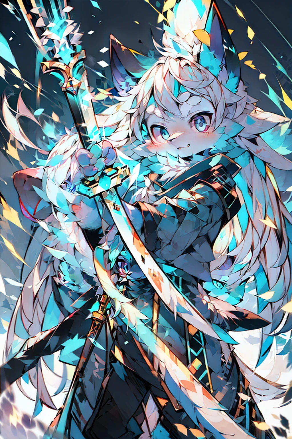 colorful, 1girl, white hair, purple eyes, dual wielding, sword, holding sword, blue flames, glow, glowing weapon, light particles, wallpaper, chromatic aberration,