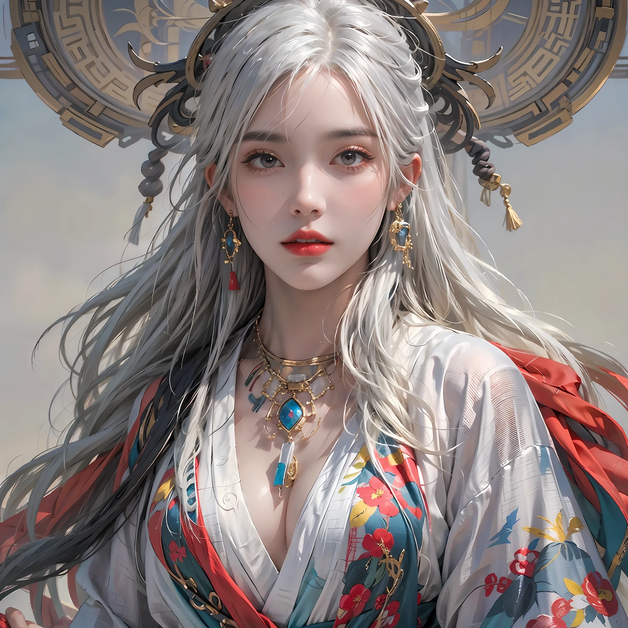 photorealistic, high resolution, 1women, solo, hips up, look at viewer, (detailed face), white hair, long hair, colorful Taoist robe,oversized clothes, midjourney portrait, jewelry