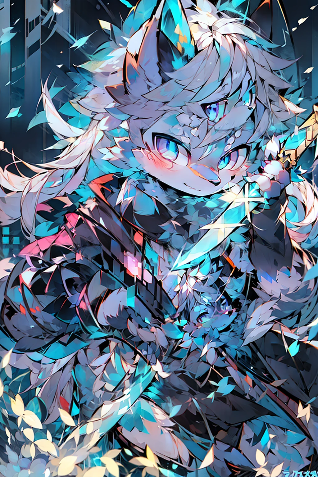 colorful, 1girl, white hair, purple eyes, dual wielding, sword, holding sword, blue flames, glow, glowing weapon, light particles, wallpaper, chromatic aberration,