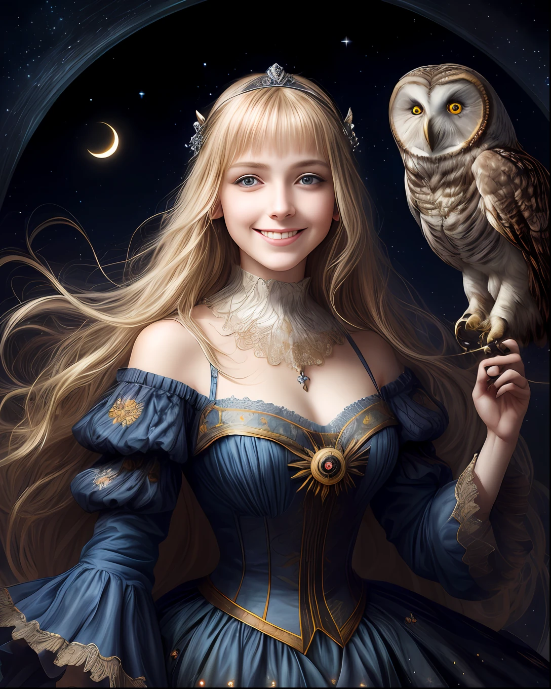 (beste-Qualit, tmasterpiece), (portraite of a ,A young woman ((Smiling)) and an owl), the pose, particle, the wind, flower, upper-body, Night Eclipse Background, looking a viewer, Long straight blonde hair, detailed blue eyes, Medieval blue princess dress, galaxy, back light, rimlight, A beautiful work of art, Perfect composition