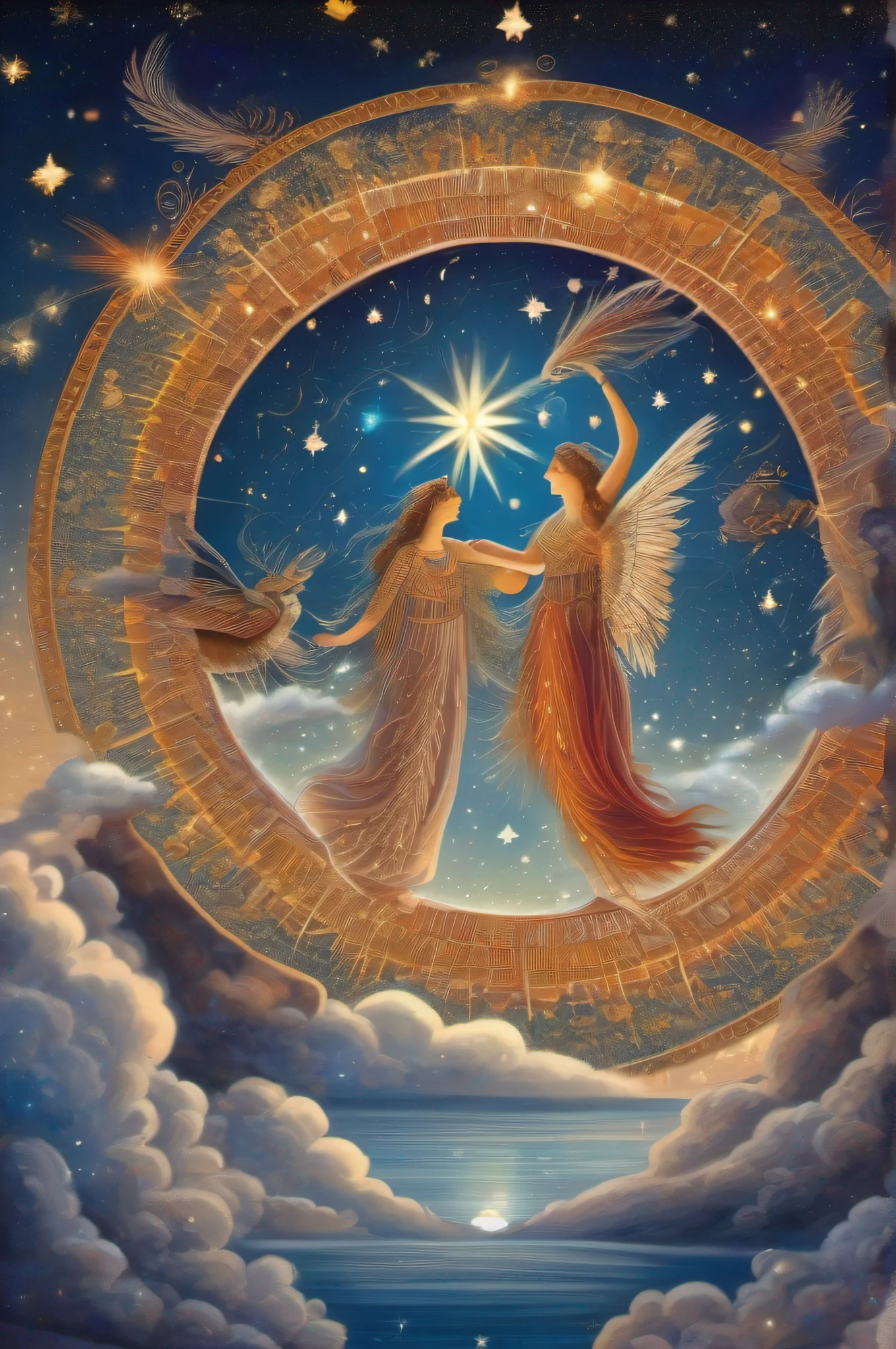 An ancient mural depicting a grand celestial scene, celestial beings adorned with vibrant feathers and glowing halos, dancing around a cosmic fire, against the backdrop of a shimmering night sky filled with constellations, conveying a sense of ethereal wonder and divine majesty, Illustration, digital art,