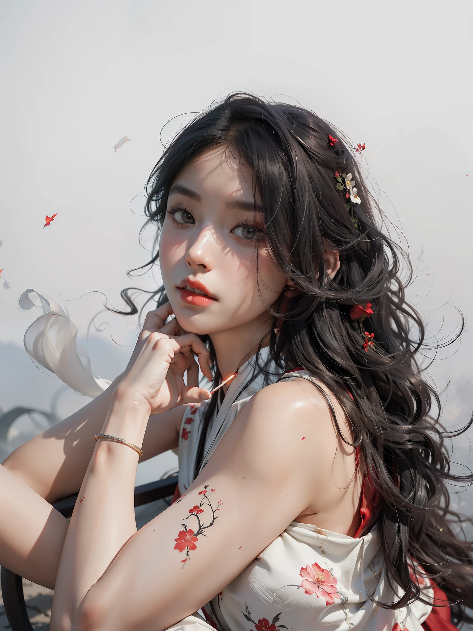 Super high quality, masterpiece, perfect illustration, extreme detail (exquisite light and shadow, highly dramatic picture,) Stroke, 1 girl, solo, (wearing red, black and white Hanfu,) flower field, flowers, (white smoke:1.3) (Realistic:1.4), Zen entanglement, tangled, official art, Unity 8k wallpaper, super detailed, beautiful and beautiful, masterpiece, best quality, (dynamic angle: 1.4), glowing skin, (floating colorful flashes: 1) the most beautiful chaotic forms, elegant, brutalist design, Bright colors, romantic depth of field exotic_dance, half_naked