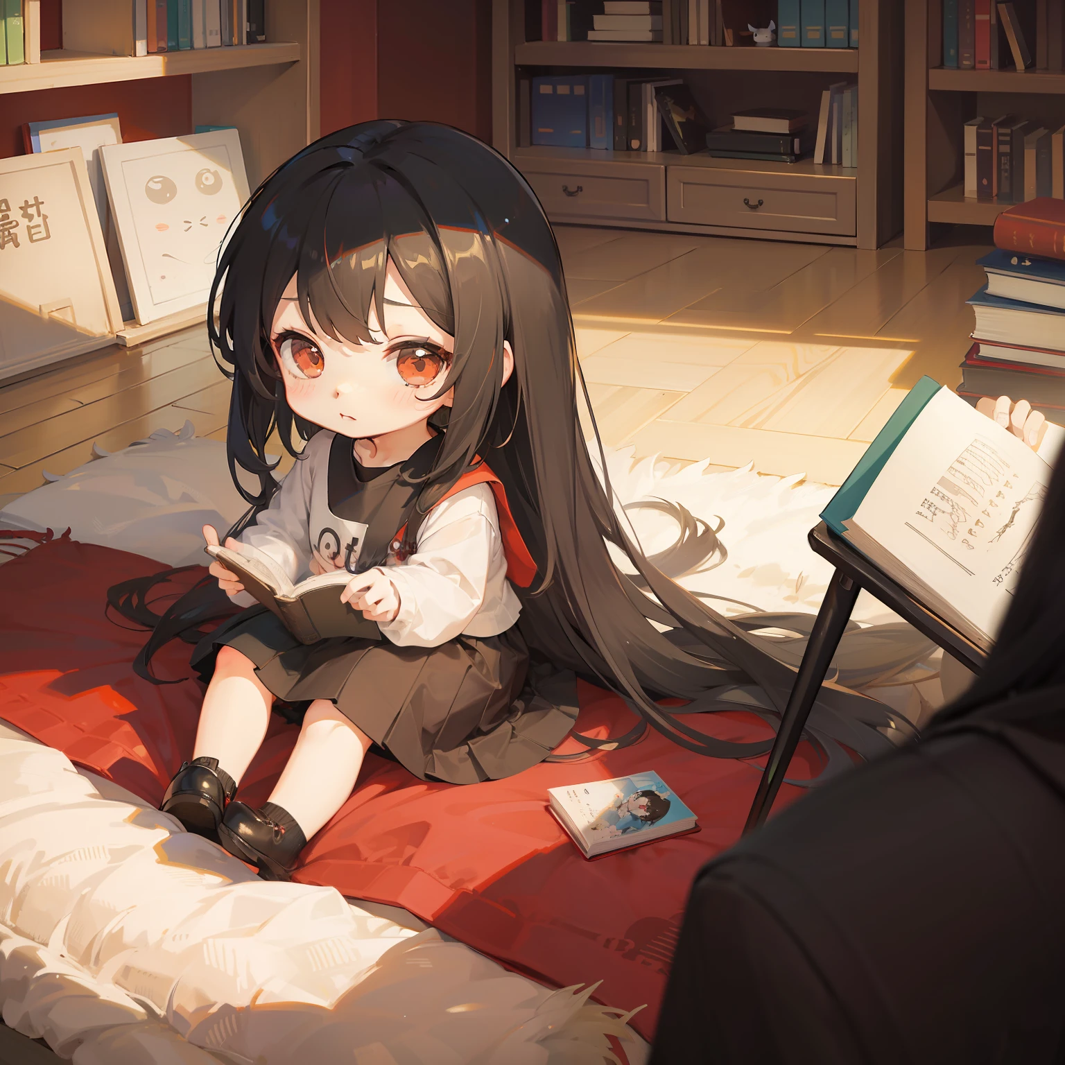 (((Chibichara)))、masterpiece、hightquality、vivd colour、Long Black Hair、Bob Hair、Neutral Girl、Red Shirt、a black skirt、Reading a book