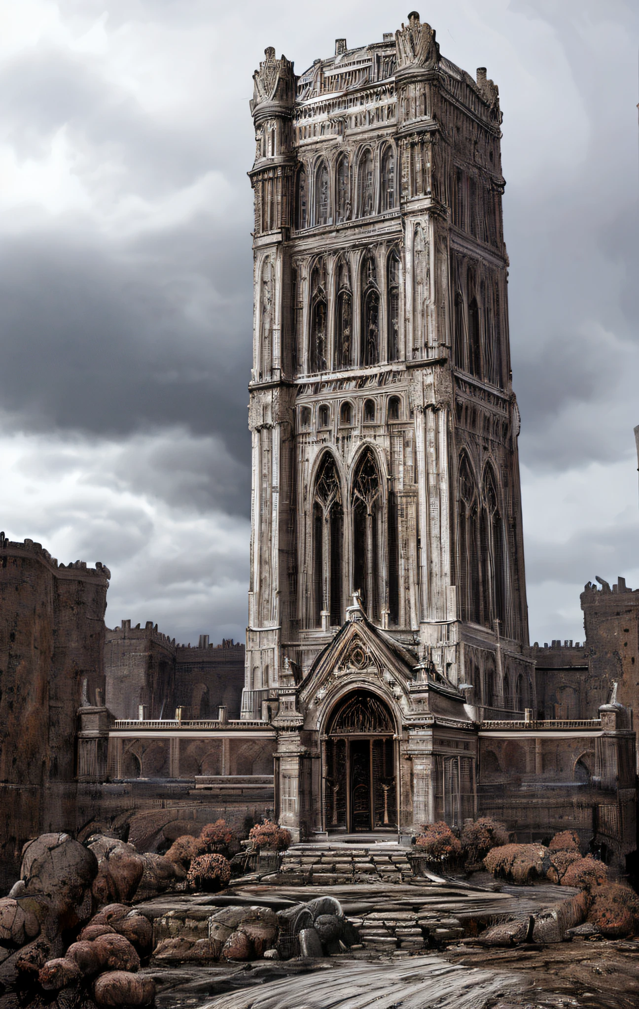 elden ring romanesque tower, imposing, elaborate architecture,,extremly scary,masterpiece,Giant phobia:1,background:1.2,building:1.5,no human:1.2