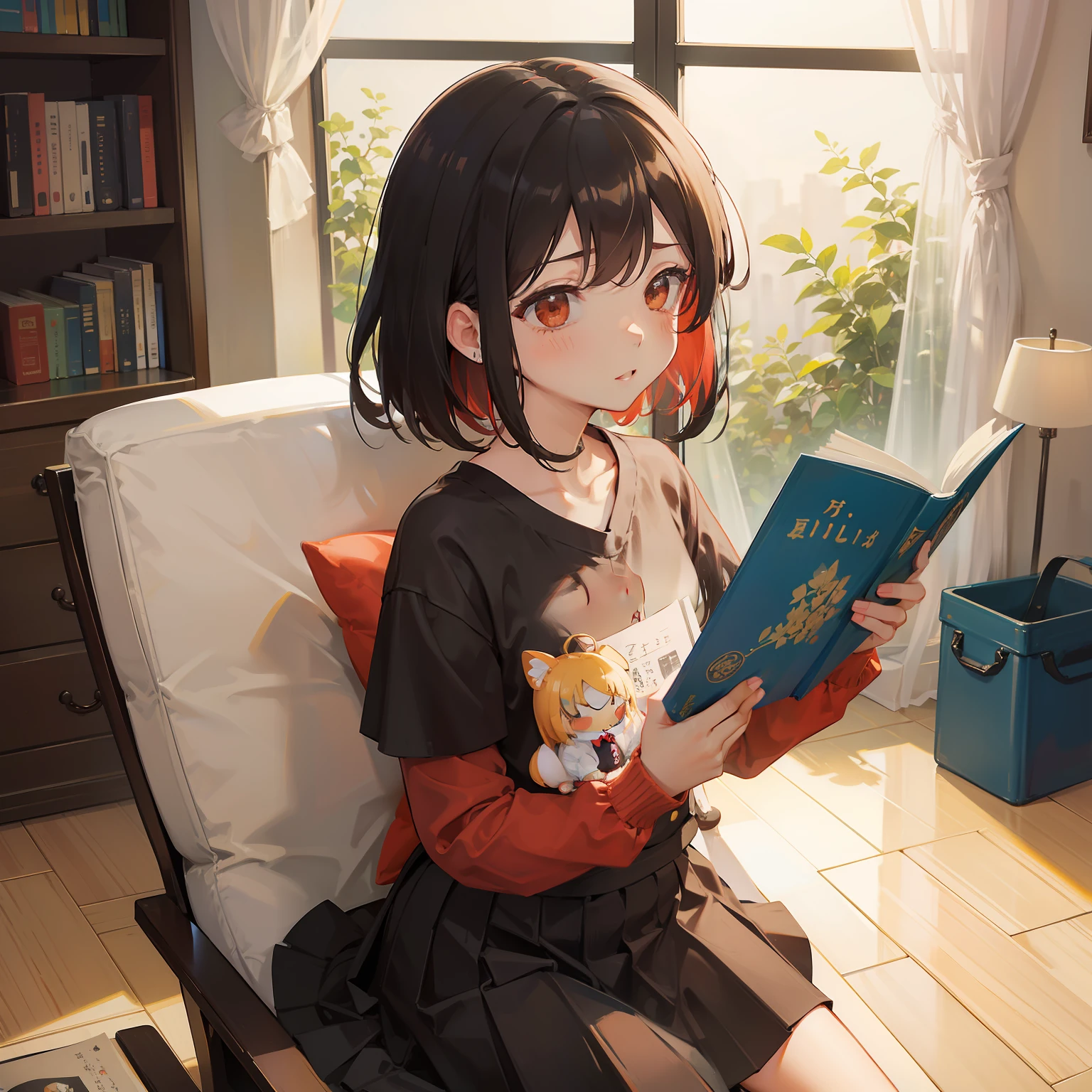 (((Chibichara)))、​masterpiece、hightquality、vivd colour、Long Black Hair、Bob Hair、Neutral Girl、Red Shirt、a black skirt、Reading a book