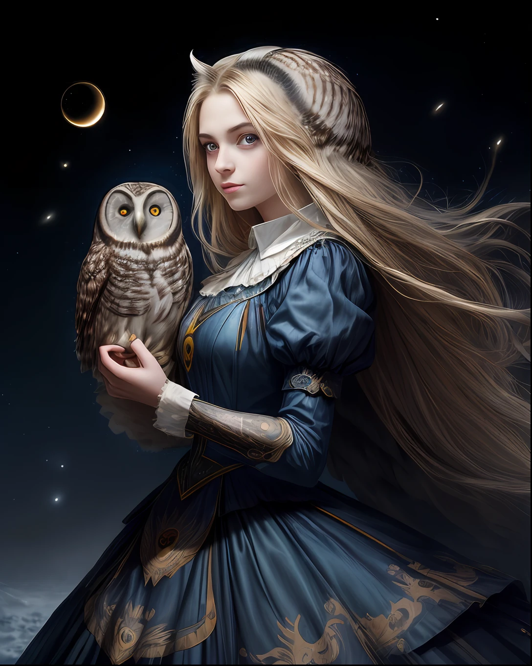(beste-Qualit, tmasterpiece), (((portraite of a, Young woman and owl))), the pose, particle, the wind, flower, upper-body, Night Eclipse Background, looking a viewer, Long straight blonde hair, detailed blue eyes, Medieval blue princess dress, galaxy, back light, rimlight, A beautiful work of art, Perfect composition