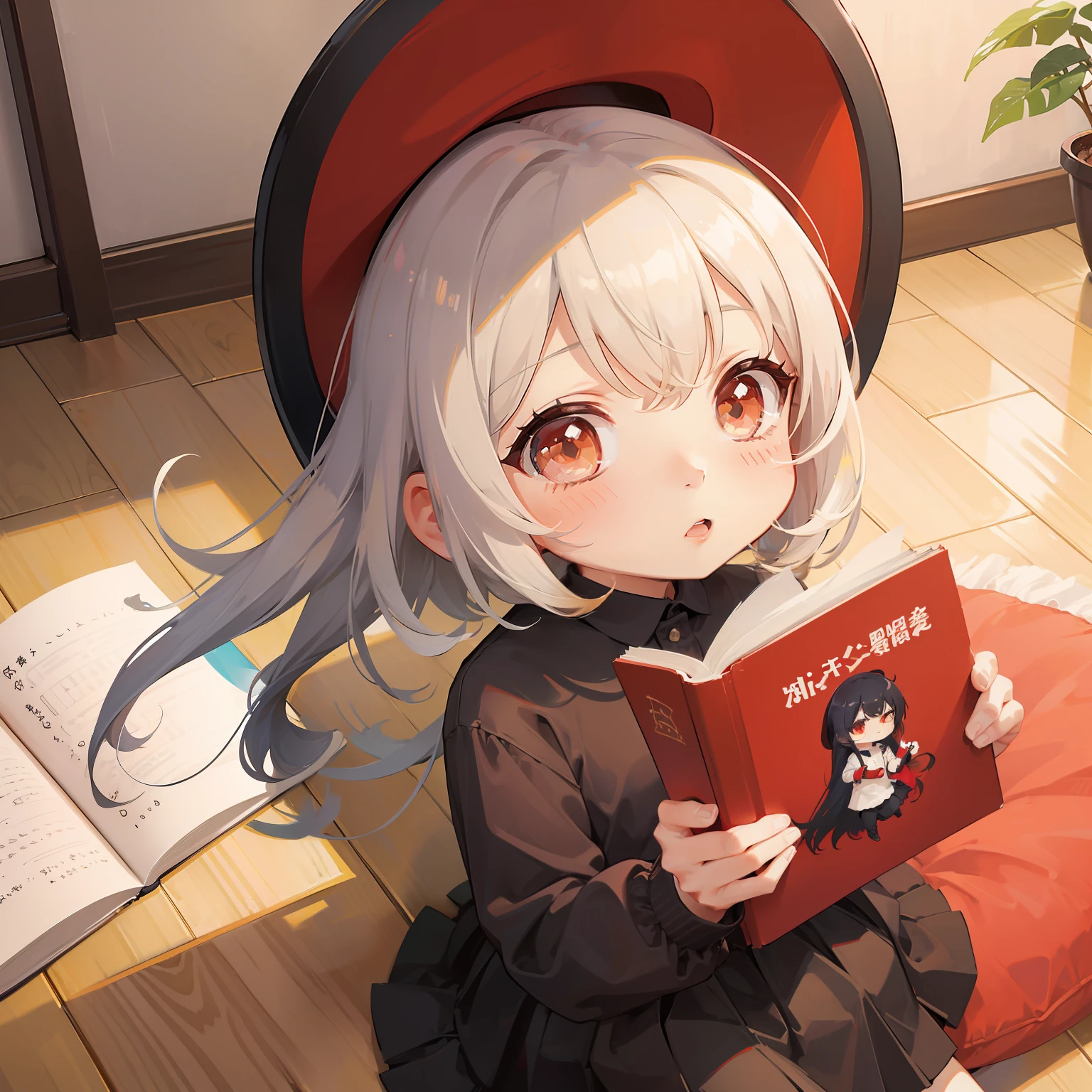 (((Chibichara)))、​masterpiece、hightquality、vivd colour、Long Black Hair、Bob Hair、Neutral Girl、Red Shirt、a black skirt、Reading a book
